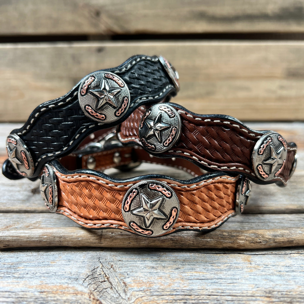 Genuine Leather Dog Collar or Leash With Antique Silver Texas Star Conchos 10" to 22" W187S -DC59 — view 2