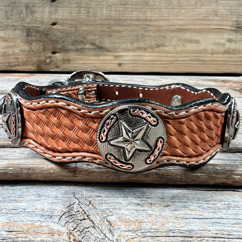 Genuine Leather Dog Collar or Leash With Antique Silver Texas Star Conchos 10" to 22" W187S -DC59 — view 3
