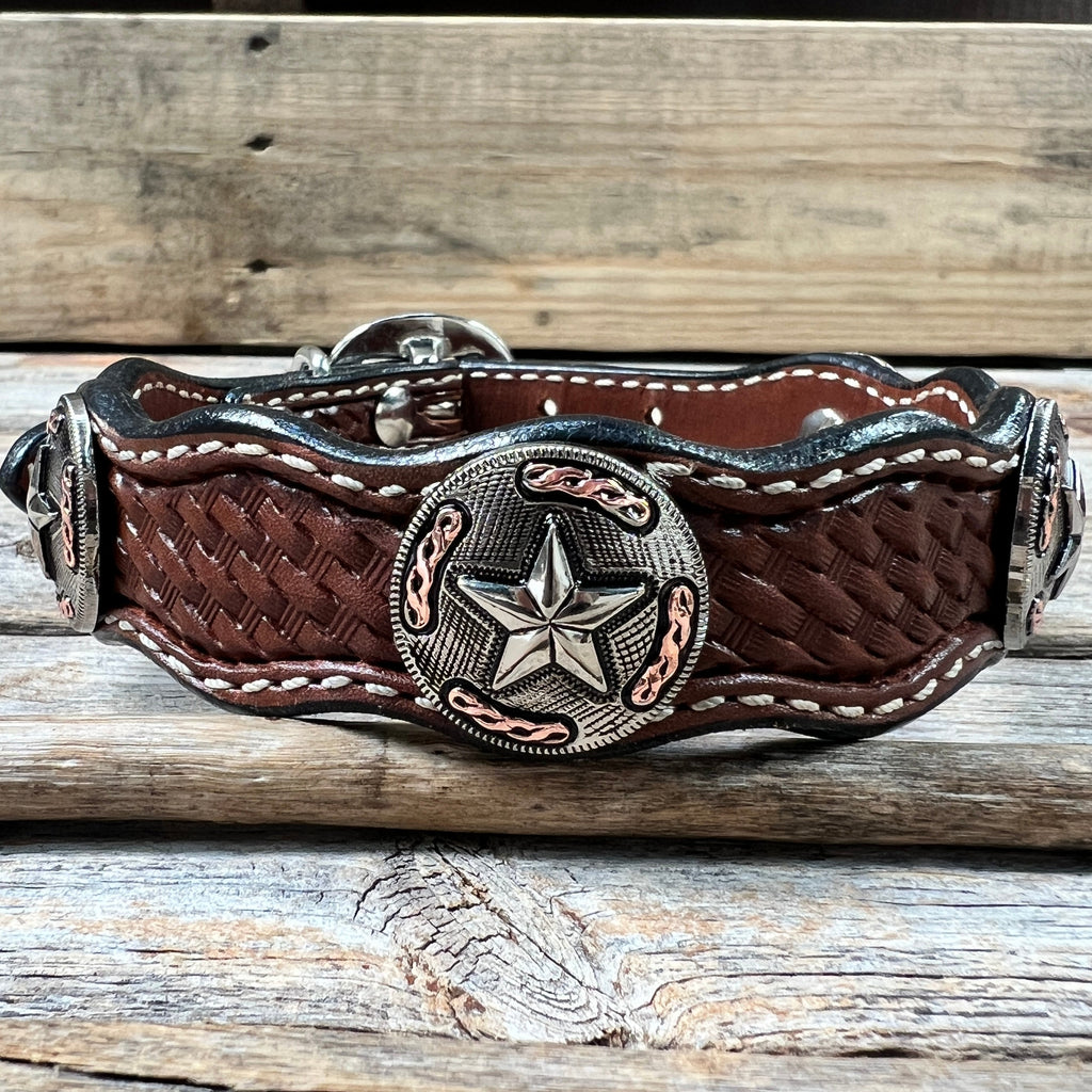 Genuine Leather Dog Collar or Leash With Antique Silver Texas Star Conchos 10" to 22" W187S -DC59 — view 4