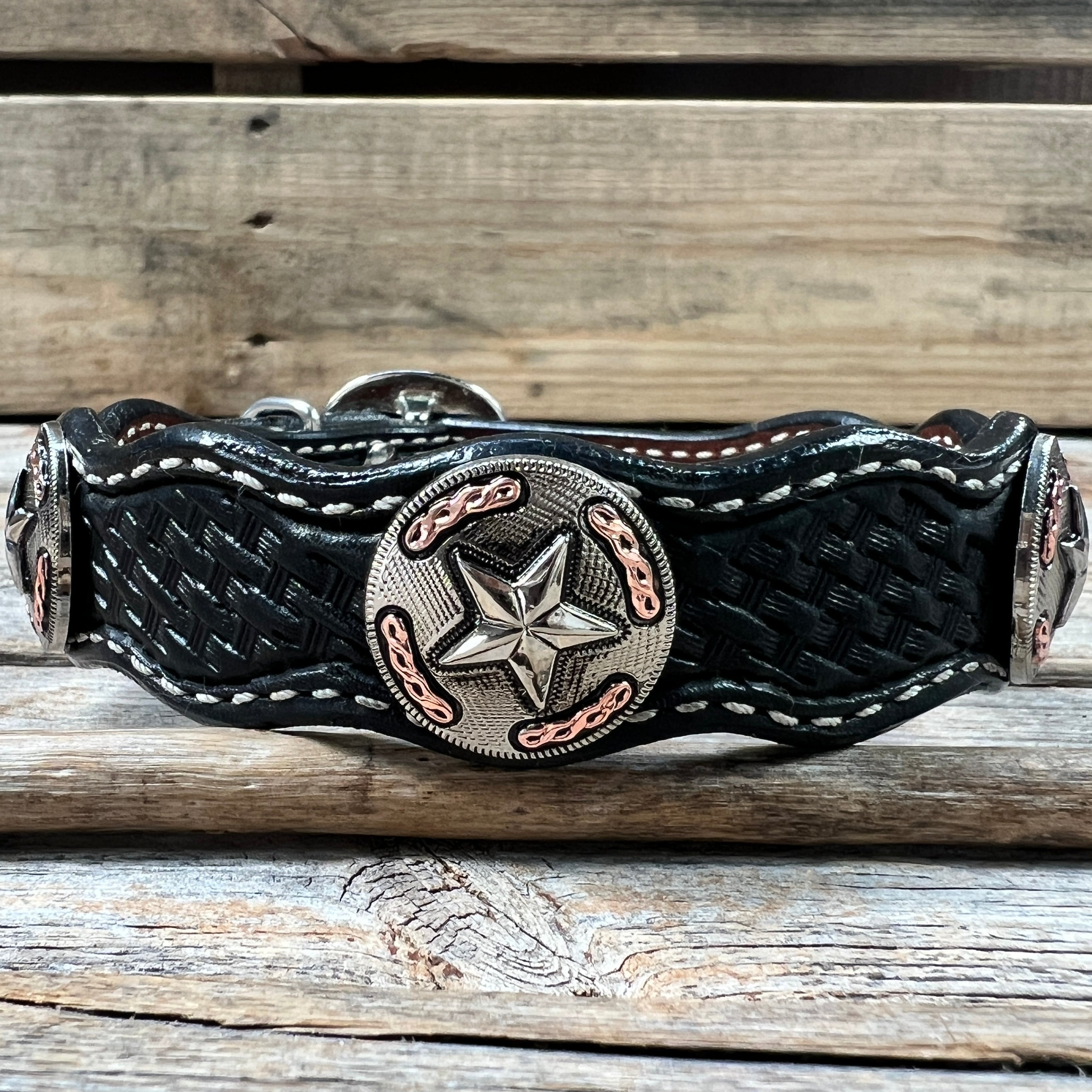 Genuine Leather Dog Collar or Leash With Antique Silver Texas Star Conchos 10" to 22" W187S -DC59 — view 5