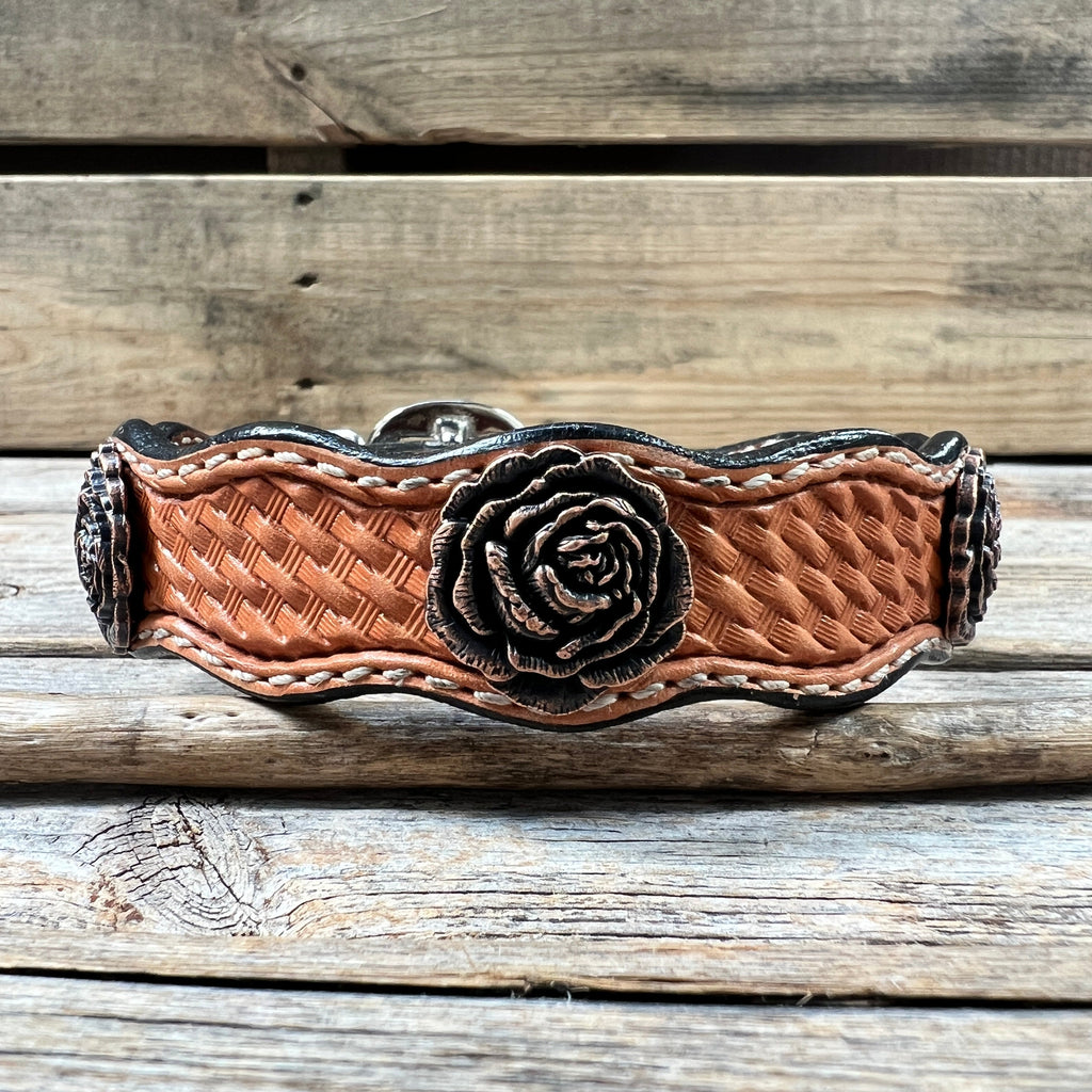 Genuine Leather Dog Collar With Copper Rose Conchos 10" to 22" W107S -DC61 — view 2