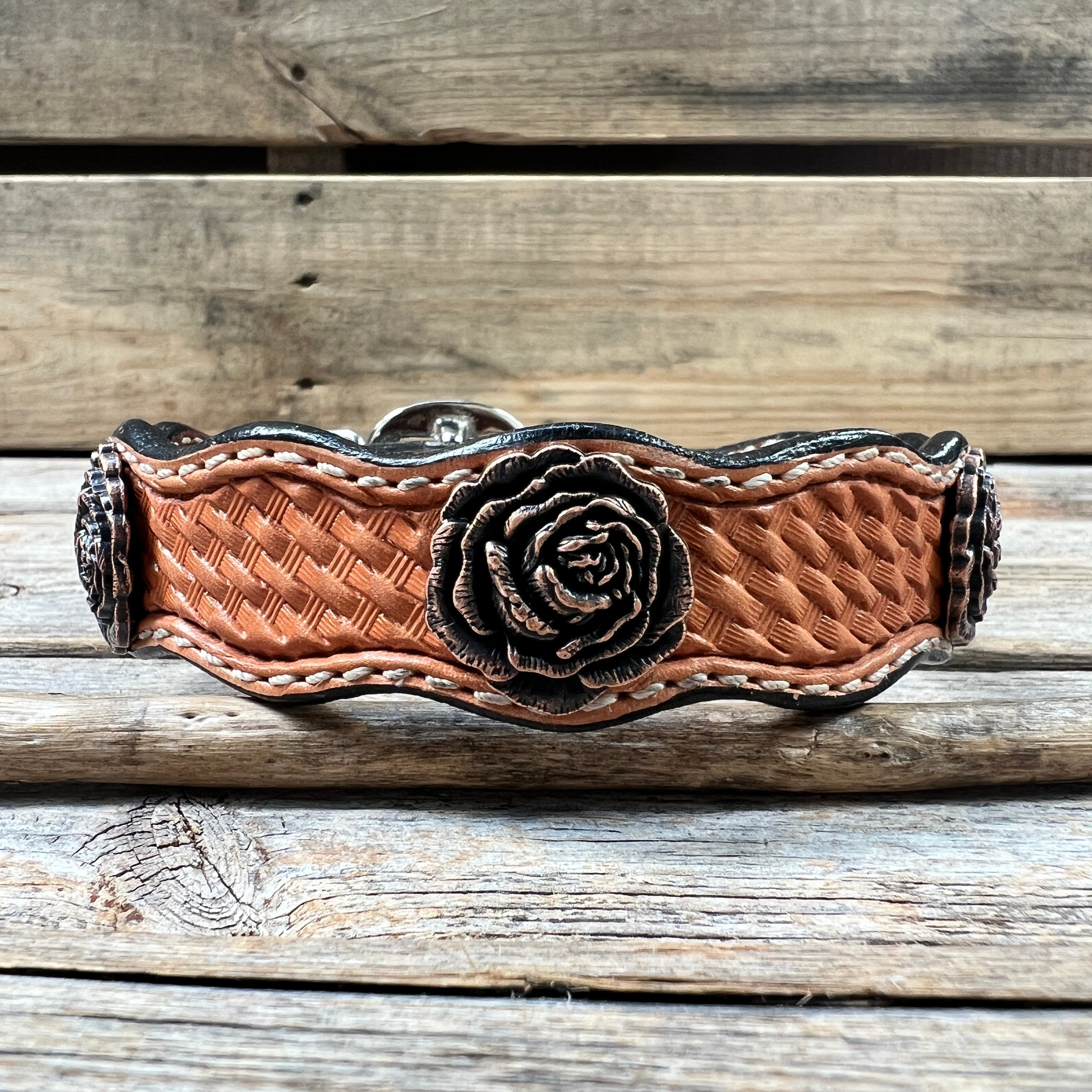 Genuine Leather Dog Collar With Copper Rose Conchos 10" to 22" W107S -DC61 — view 2