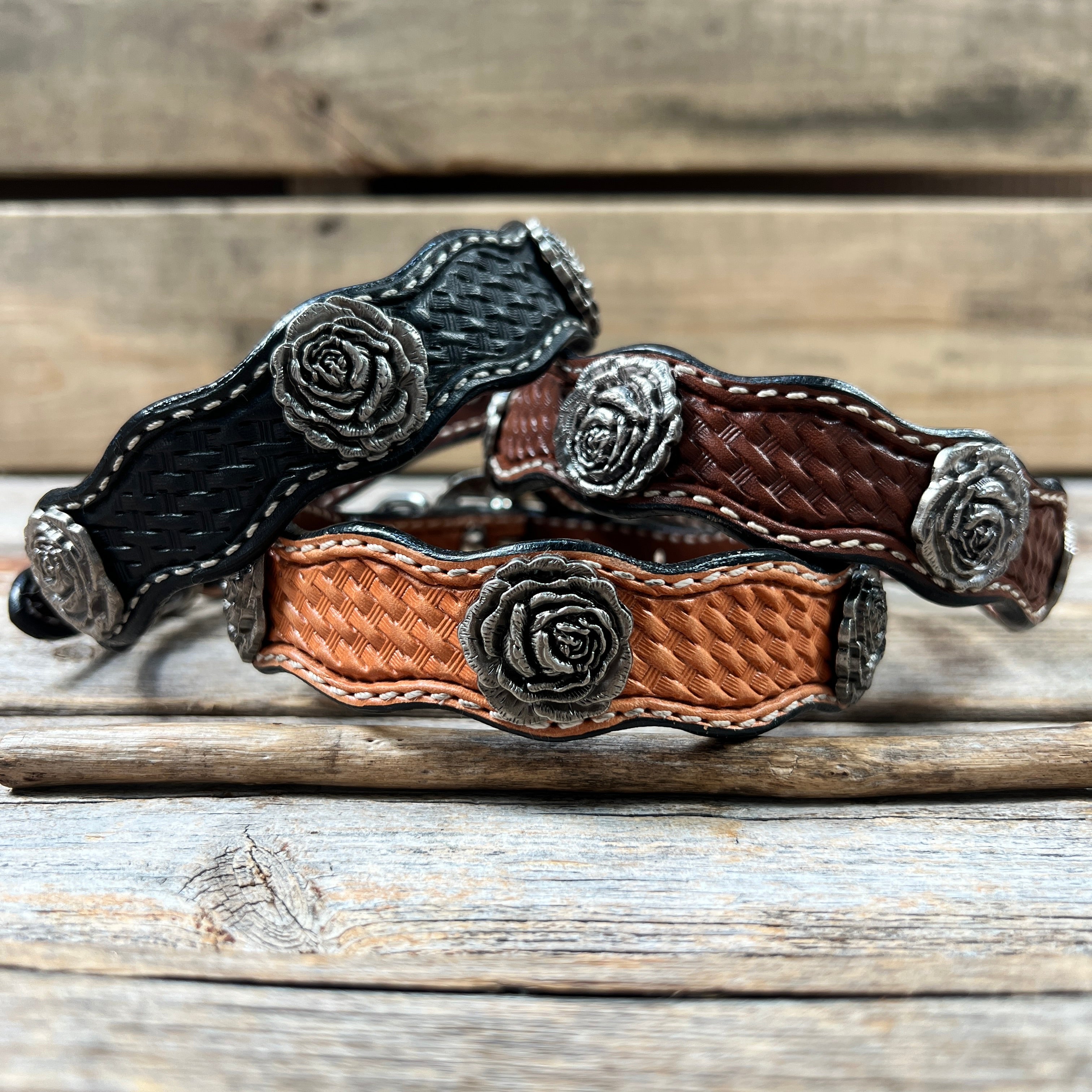 Genuine Leather Dog Collar With Antique Silver Rose Conchos 10" to 22" W108S -DC60