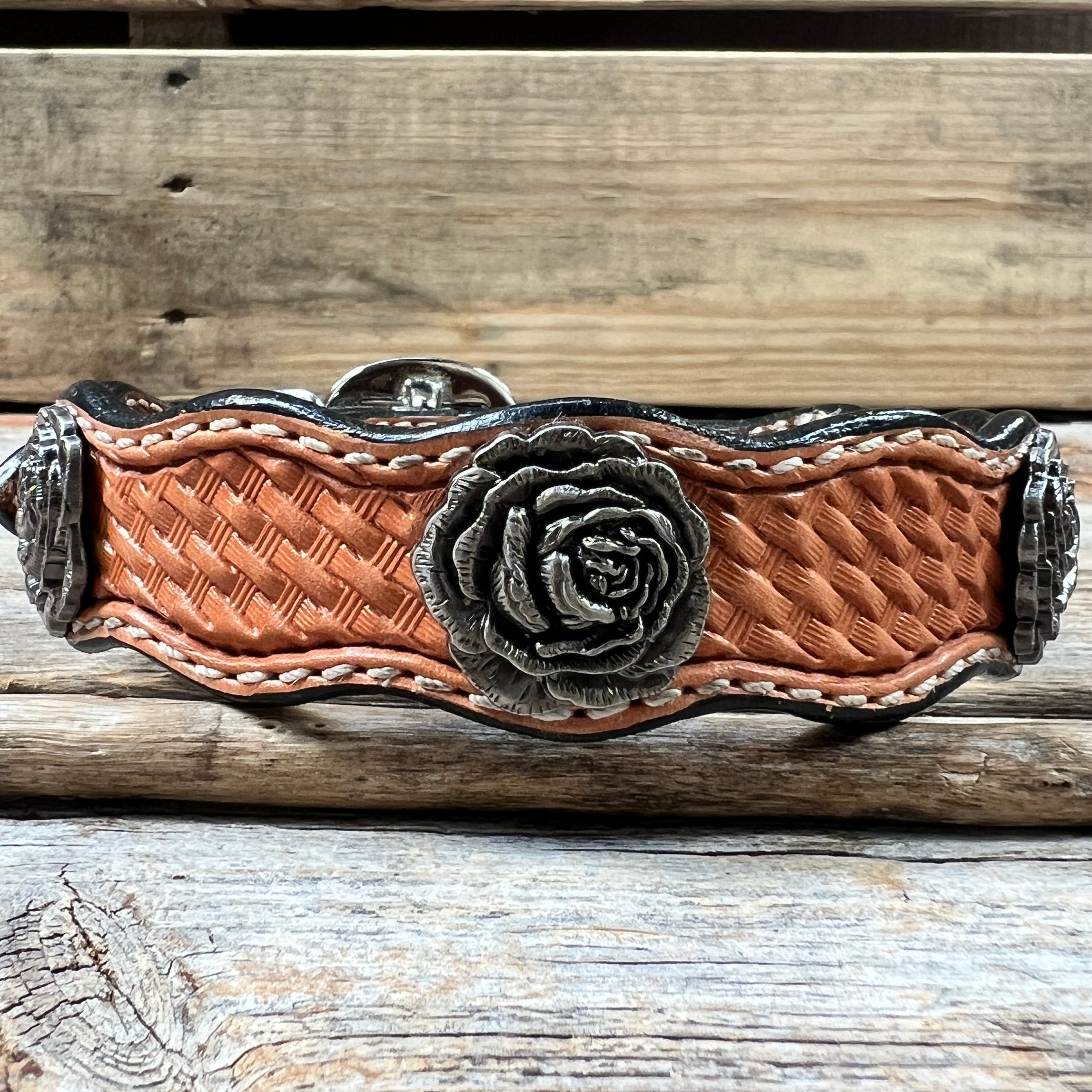 Genuine Leather Dog Collar With Antique Silver Rose Conchos 10" to 22" W108S -DC60 — view 2