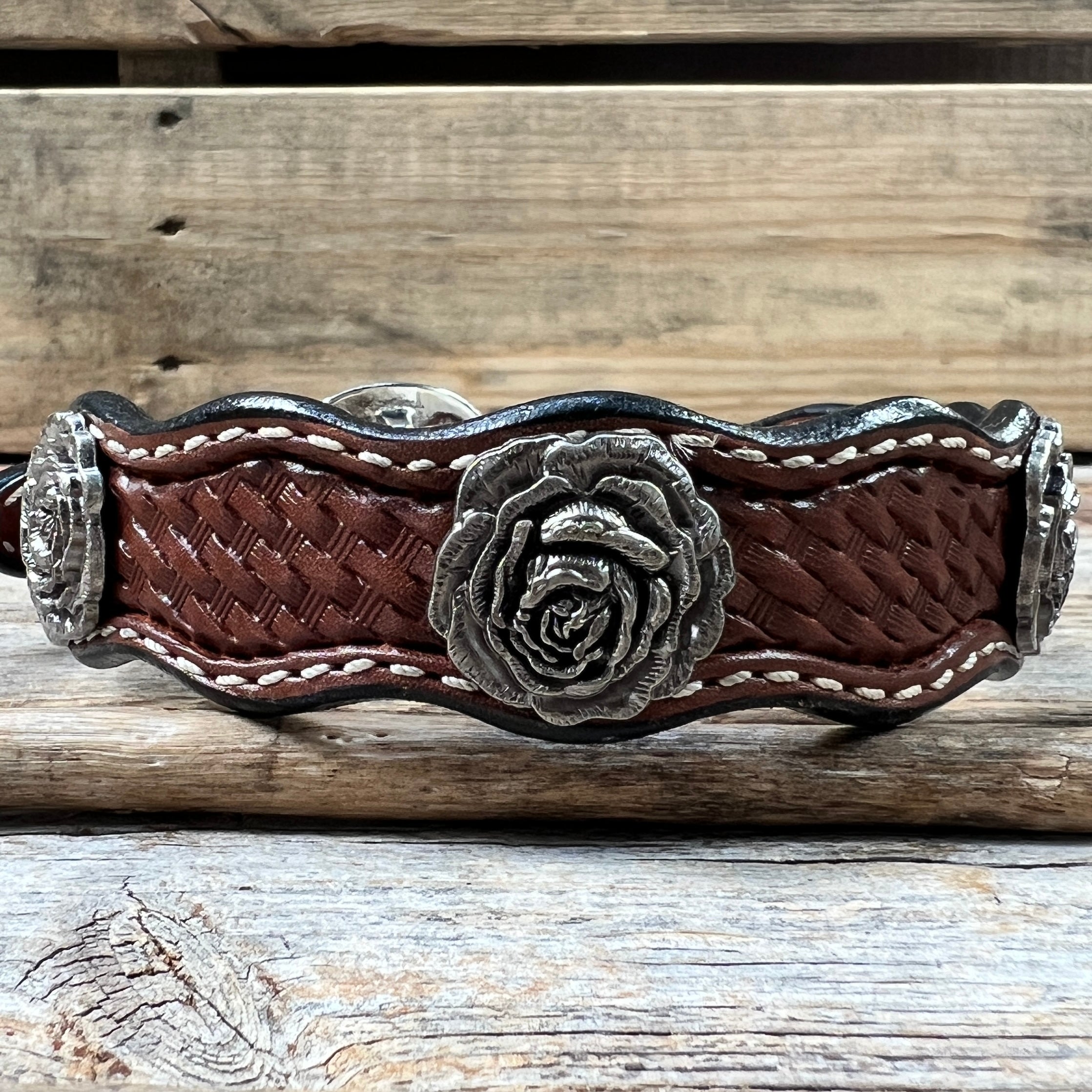 Genuine Leather Dog Collar With Antique Silver Rose Conchos 10" to 22" W108S -DC60 — view 3