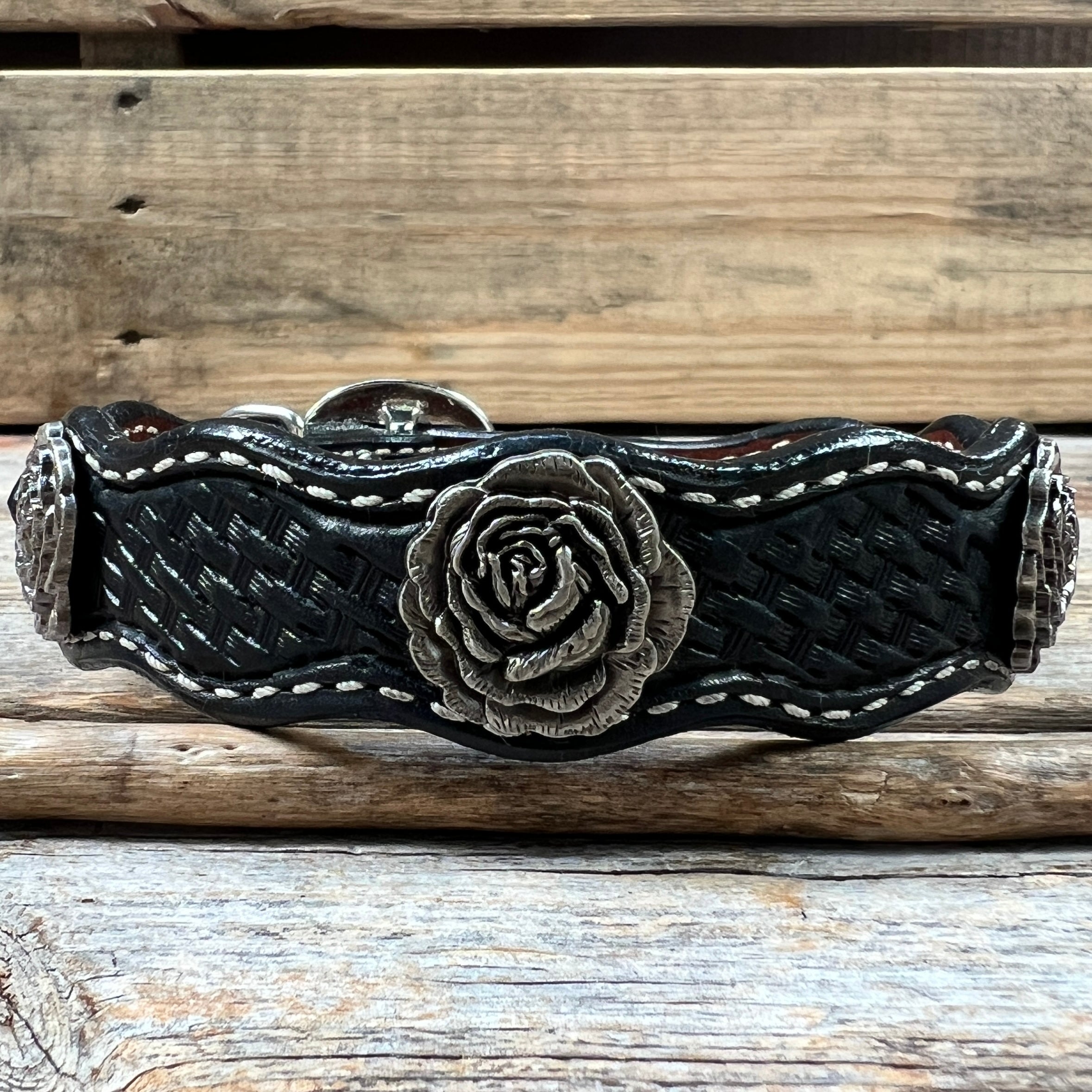 Genuine Leather Dog Collar With Antique Silver Rose Conchos 10" to 22" W108S -DC60 — view 4
