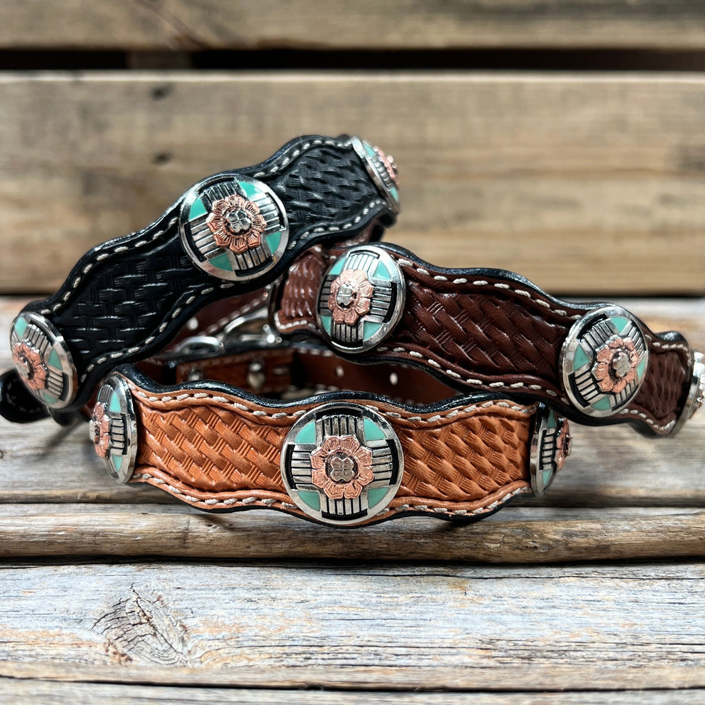 Genuine Leather Dog Collar With Antique Silver and Copper Flower Conchos 10" to 22" W190S -DC62
