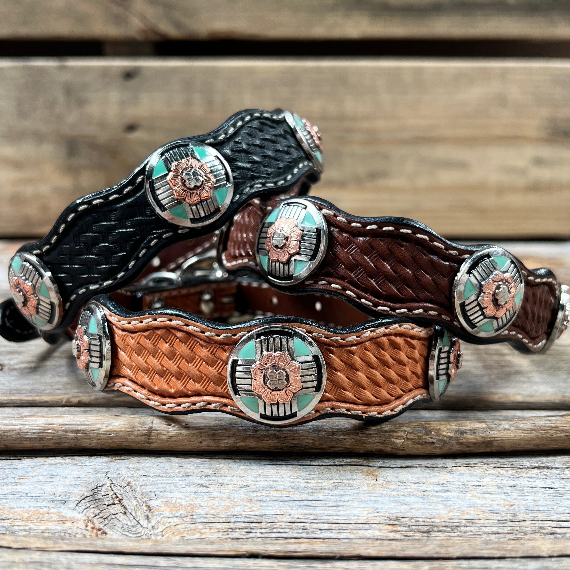 Genuine Leather Dog Collar With Antique Silver and Copper Flower Conchos 10" to 22" W190S -DC62