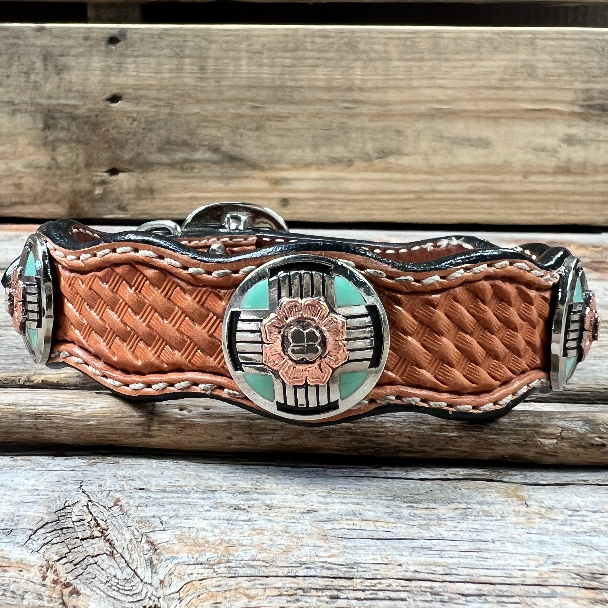 Genuine Leather Dog Collar With Antique Silver and Copper Flower Conchos 10" to 22" W190S -DC62 — view 2