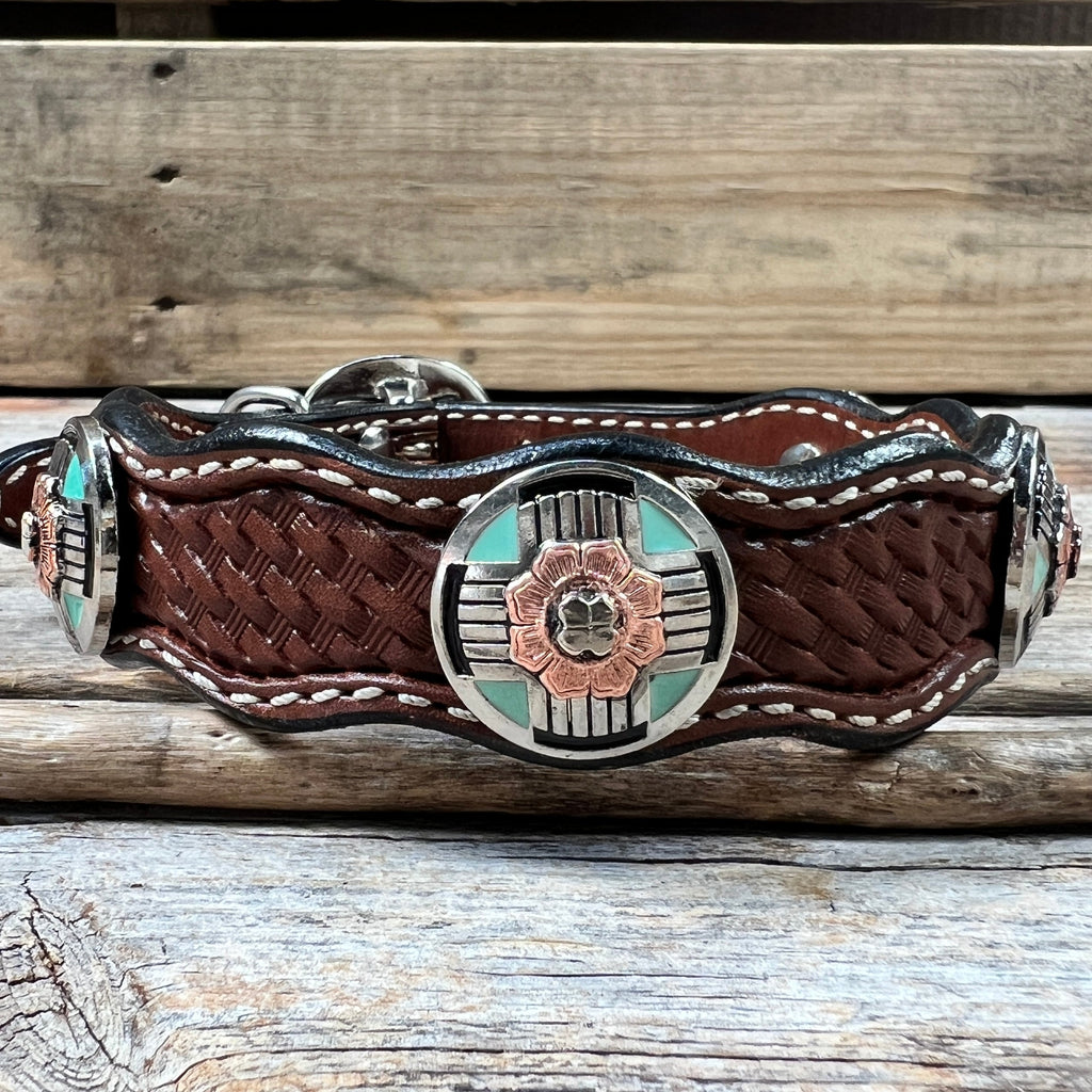 Genuine Leather Dog Collar With Antique Silver and Copper Flower Conchos 10" to 22" W190S -DC62 — view 3