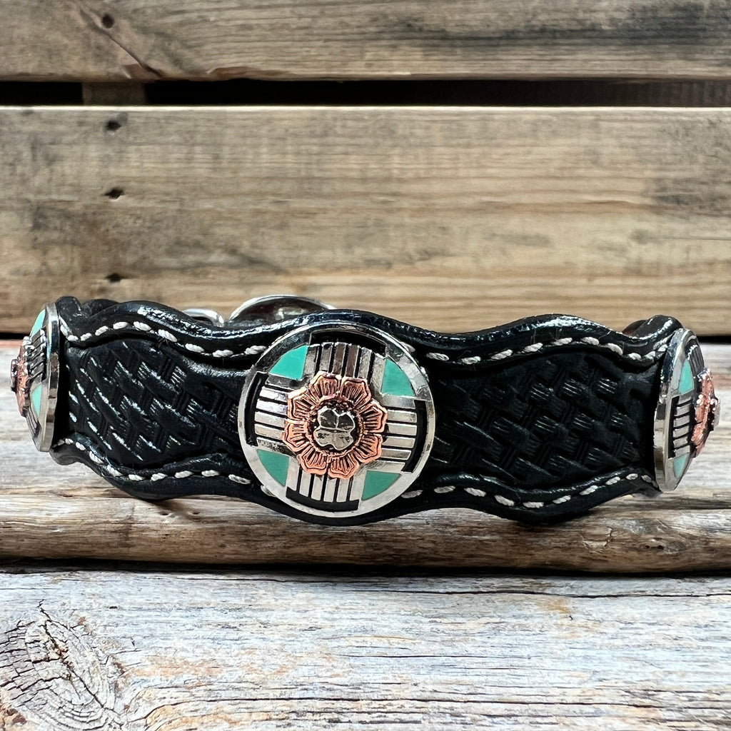 Genuine Leather Dog Collar With Antique Silver and Copper Flower Conchos 10" to 22" W190S -DC62 — view 4