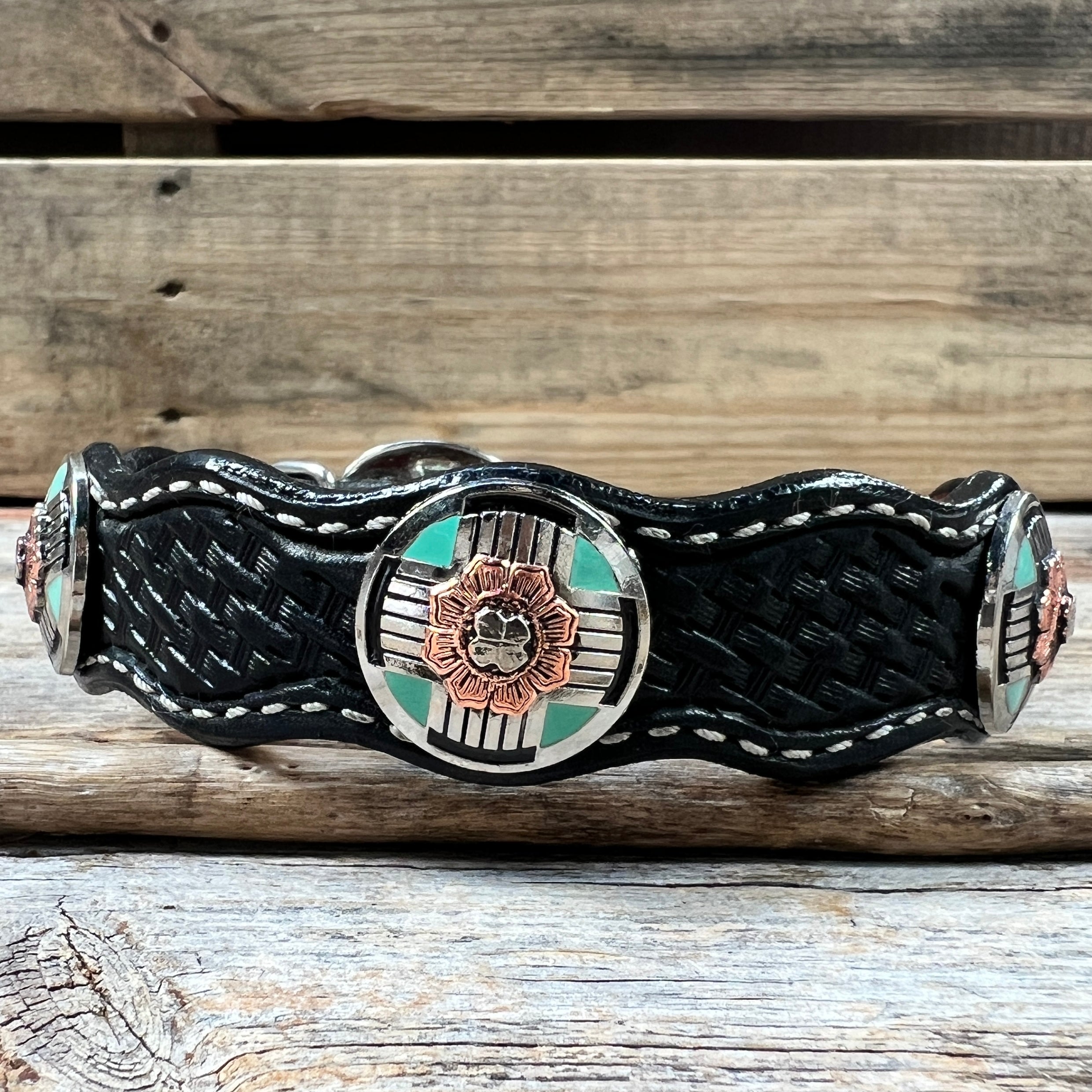 Genuine Leather Dog Collar With Antique Silver and Copper Flower Conchos 10" to 22" W190S -DC62 — view 4