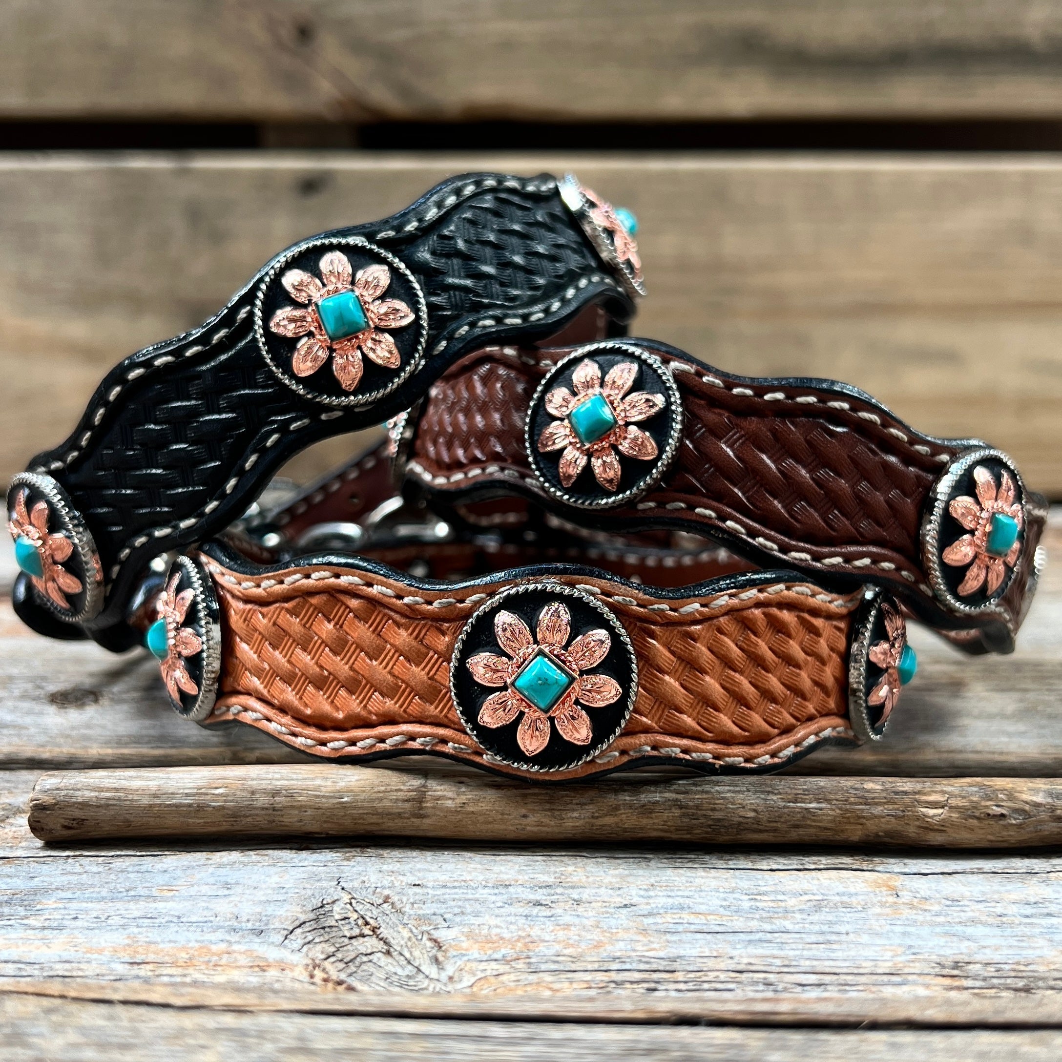 Genuine Leather Dog Collar or Leash With Copper Turquoise Sunflower Conchos 10" to 22" W188S orDC1006 — view 2