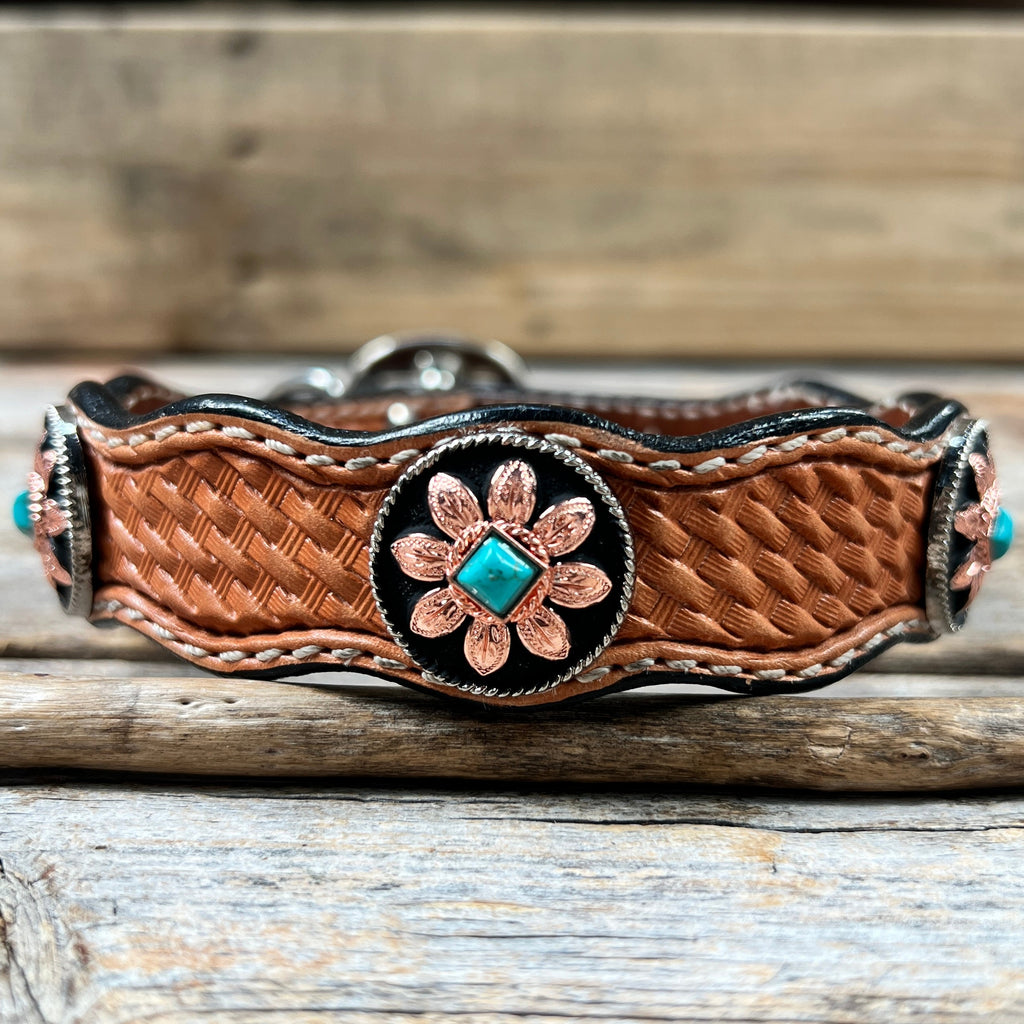 Genuine Leather Dog Collar or Leash With Copper Turquoise Sunflower Conchos 10" to 22" W188S orDC1006 — view 3