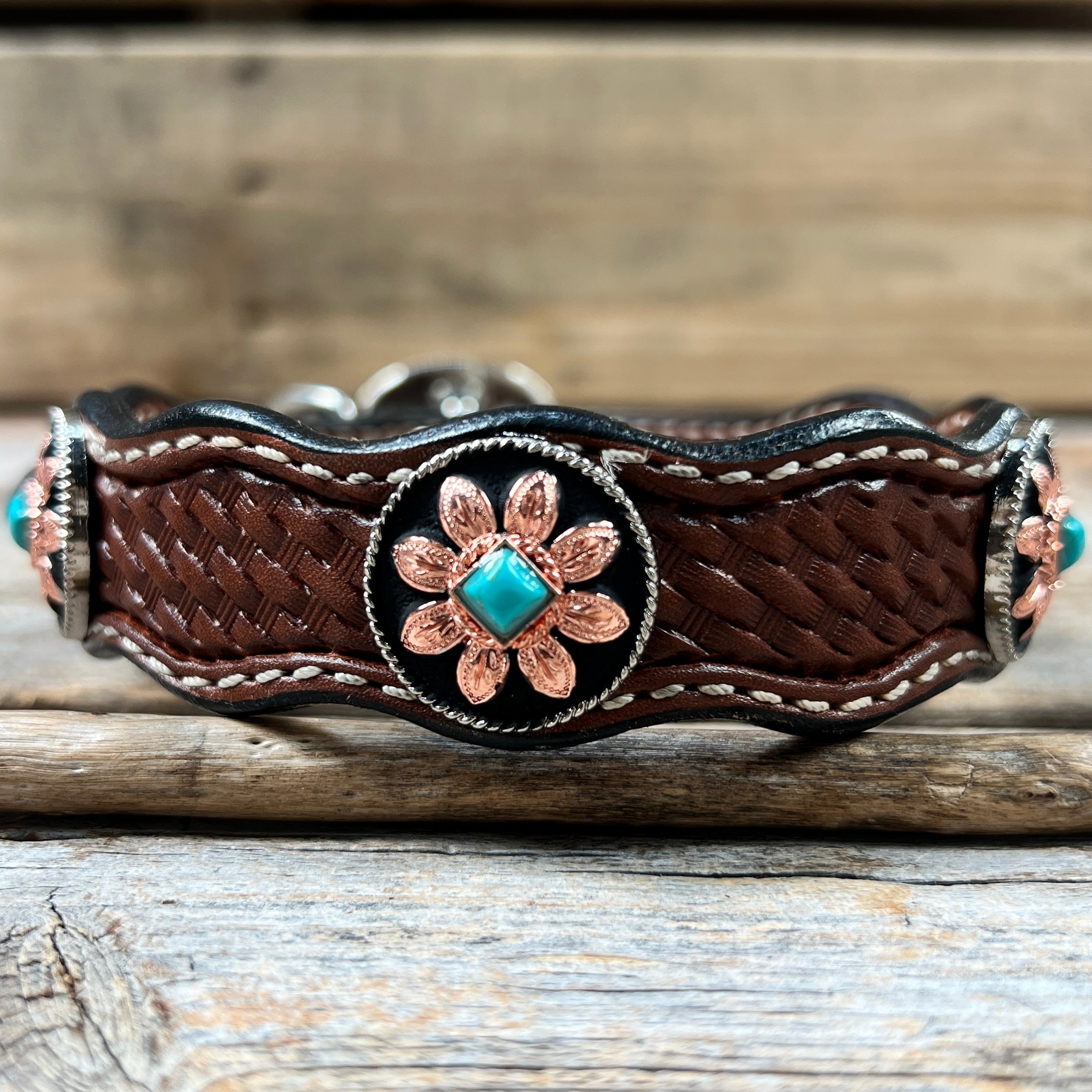 Genuine Leather Dog Collar or Leash With Copper Turquoise Sunflower Conchos 10" to 22" W188S orDC1006 — view 4