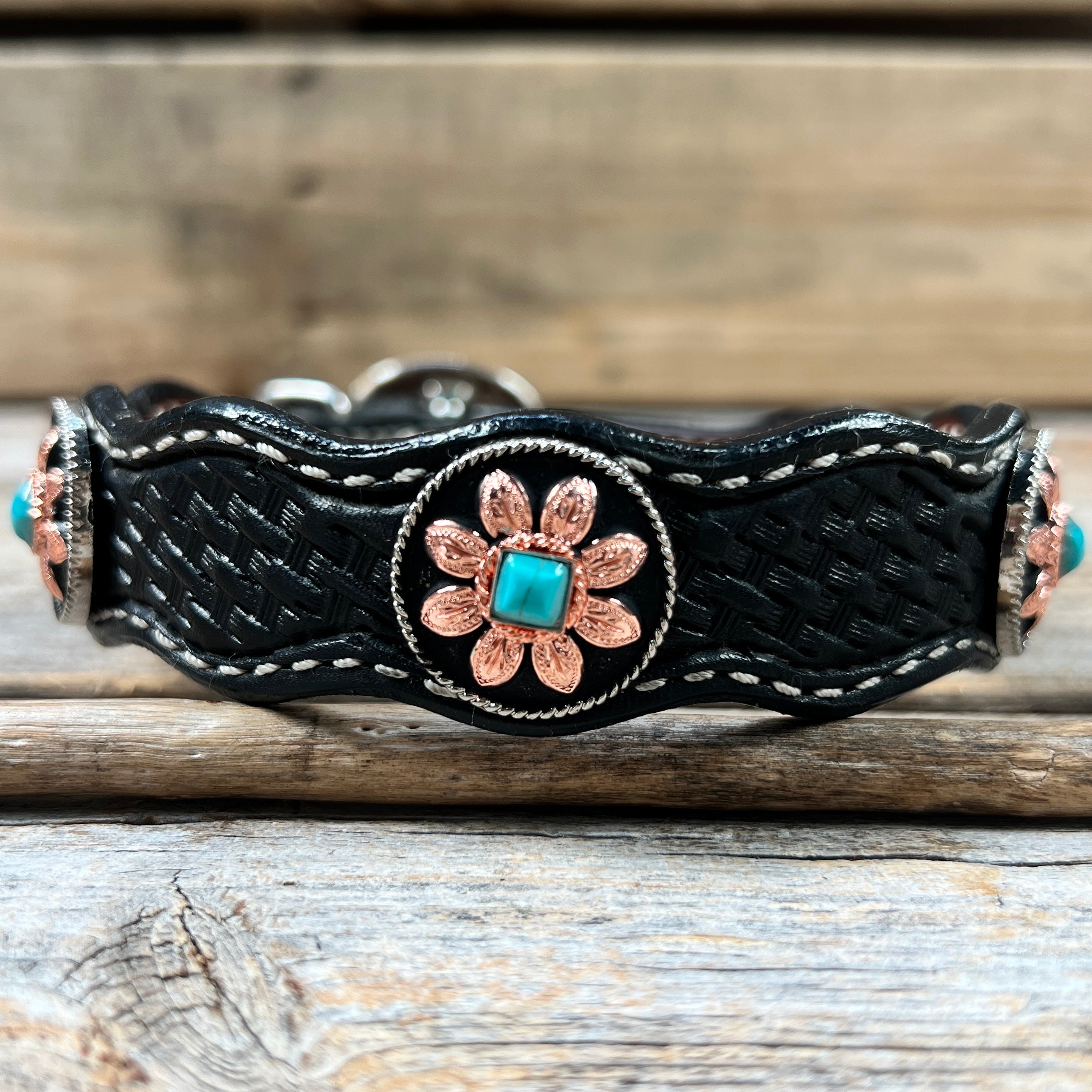 Genuine Leather Dog Collar or Leash With Copper Turquoise Sunflower Conchos 10" to 22" W188S orDC1006 — view 5