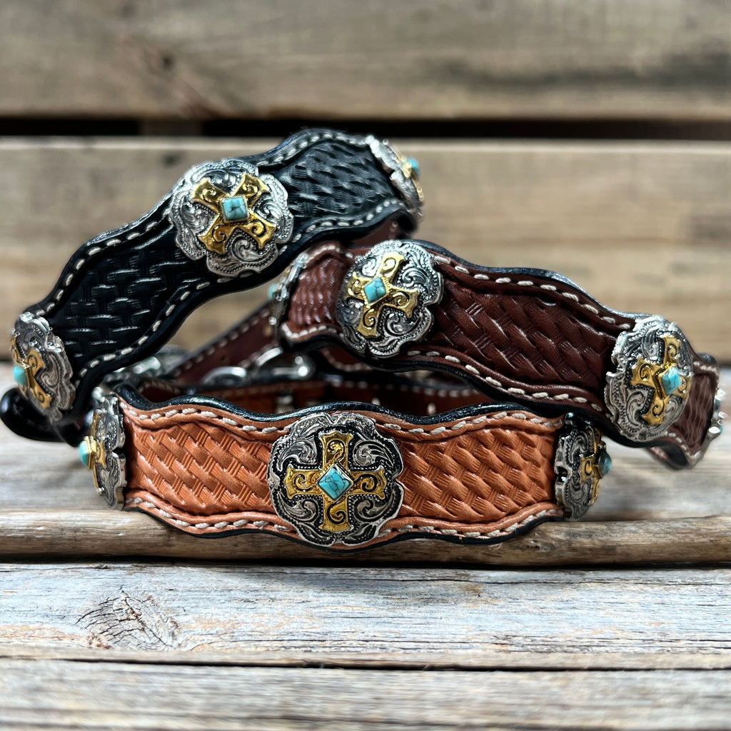 Genuine Leather Dog Collar With Gold Cross Conchos 10" to 22" W189S -DC63