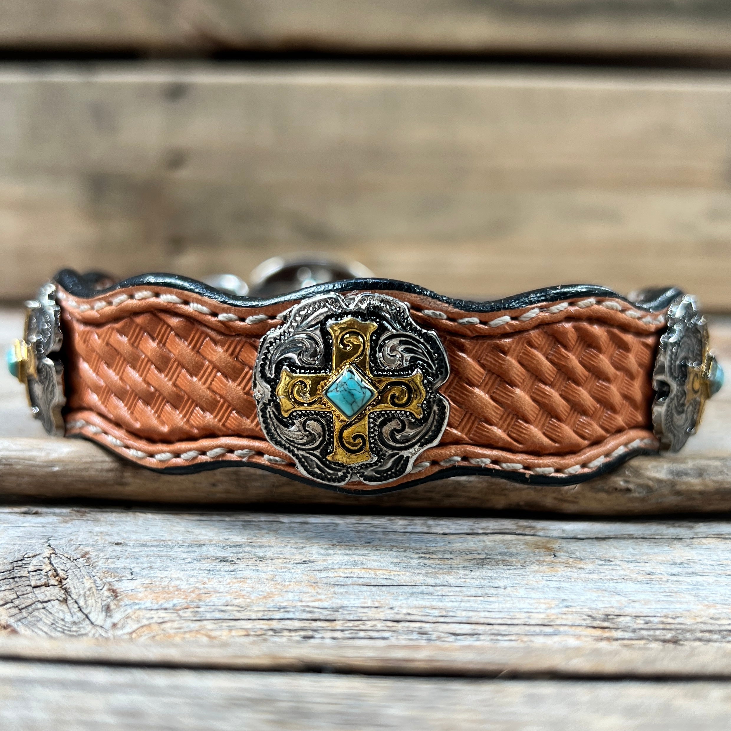 Genuine Leather Dog Collar With Gold Cross Conchos 10" to 22" W189S -DC63 — view 2