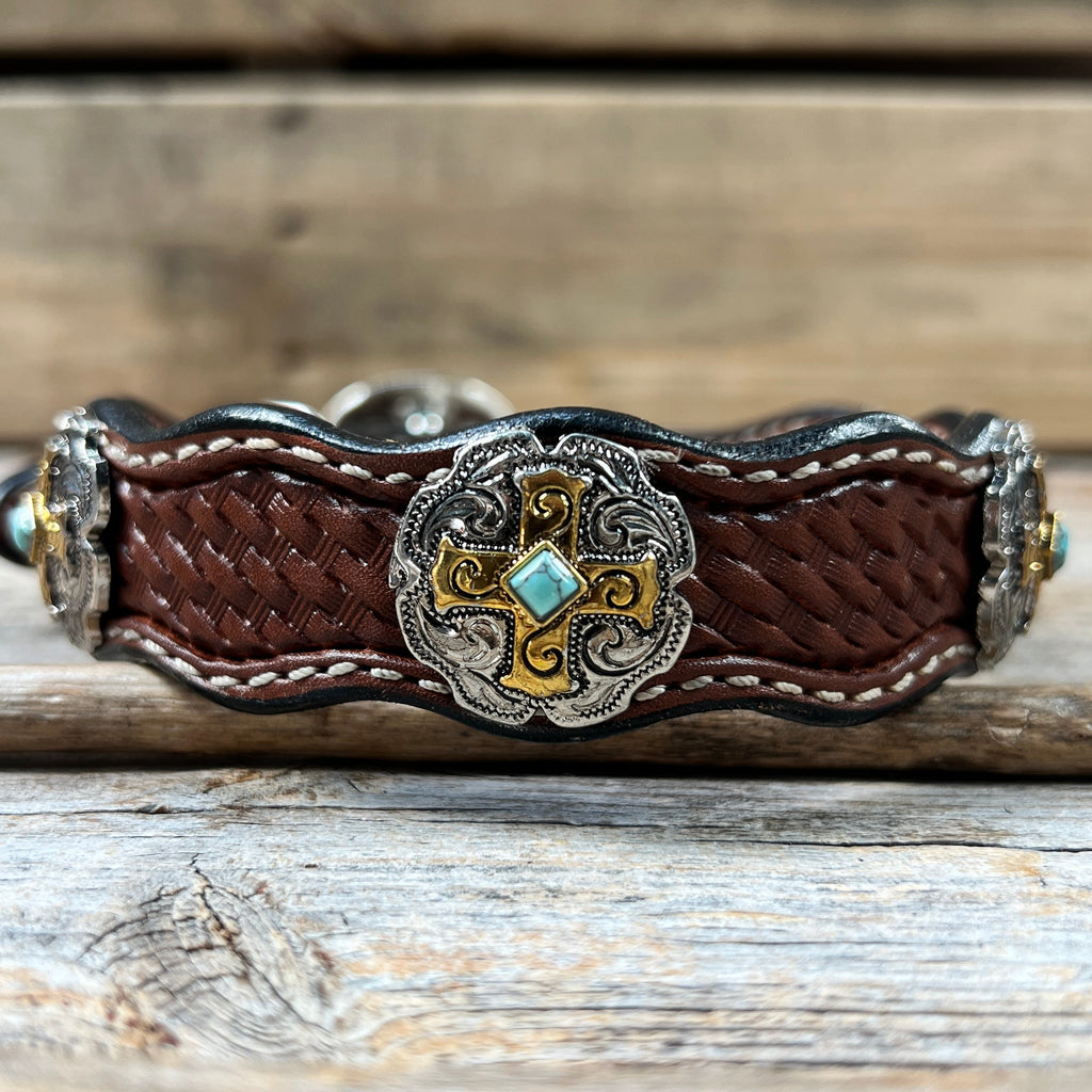 Genuine Leather Dog Collar With Gold Cross Conchos 10" to 22" W189S -DC63 — view 3
