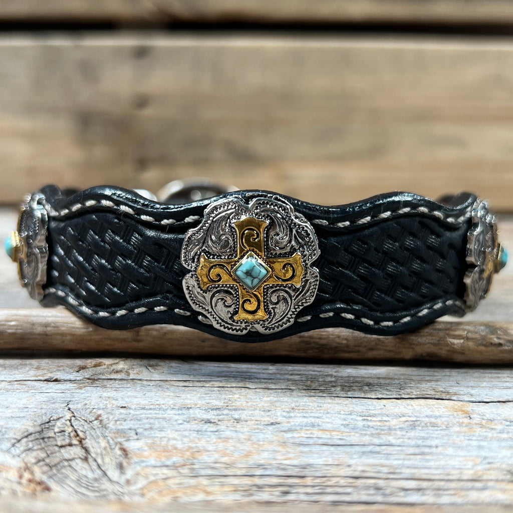 Genuine Leather Dog Collar With Gold Cross Conchos 10" to 22" W189S -DC63 — view 4