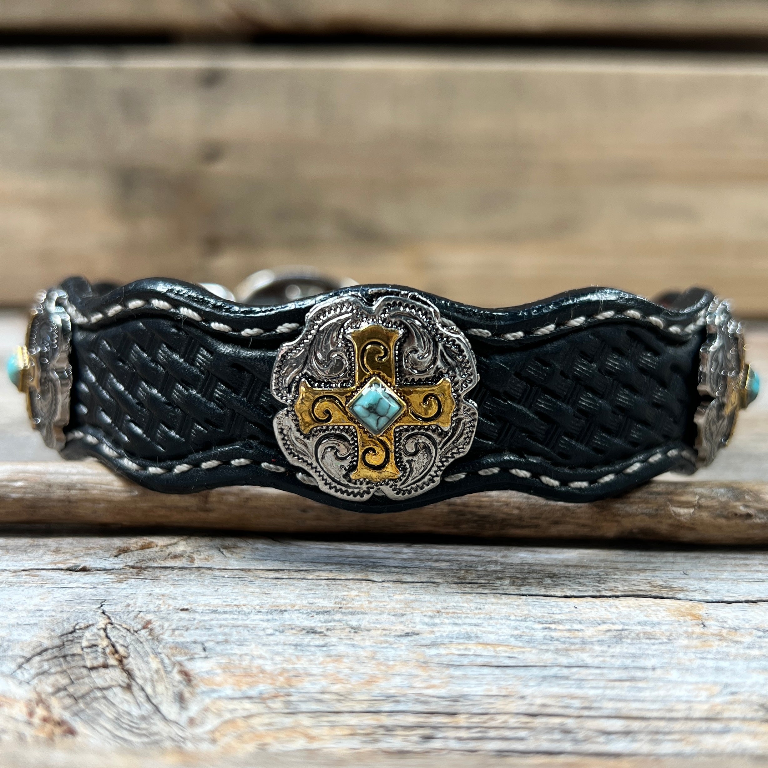 Genuine Leather Dog Collar With Gold Cross Conchos 10" to 22" W189S -DC63 — view 4