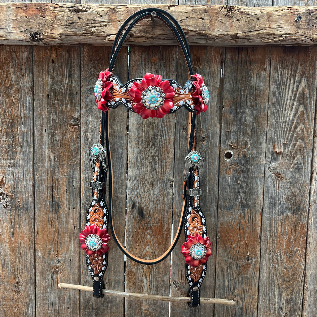 Classic Red and Turquoise Browband / One Ear Tack Set #BBBC436 — view 3