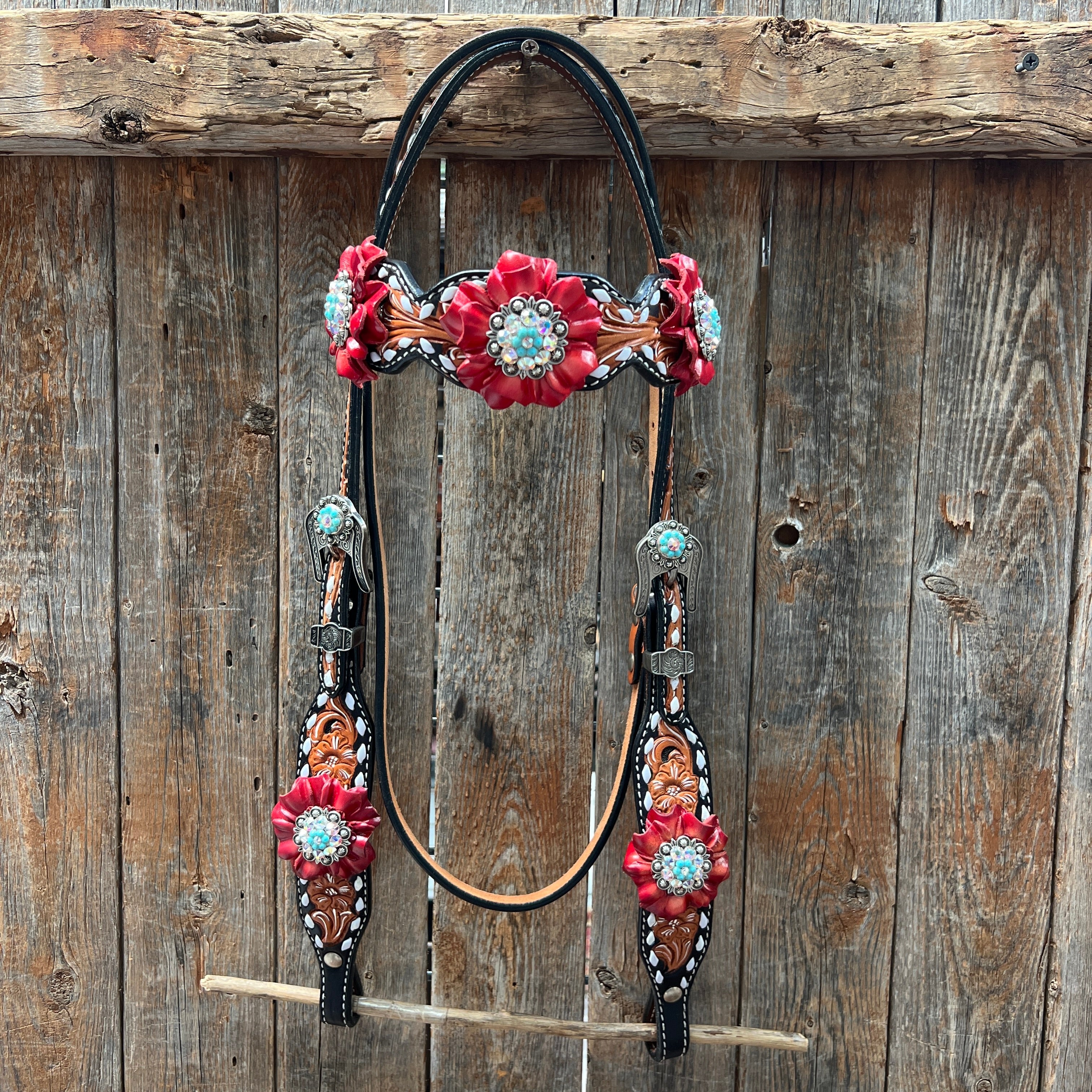 Classic Red and Turquoise Browband / One Ear Tack Set #BBBC436 — view 3