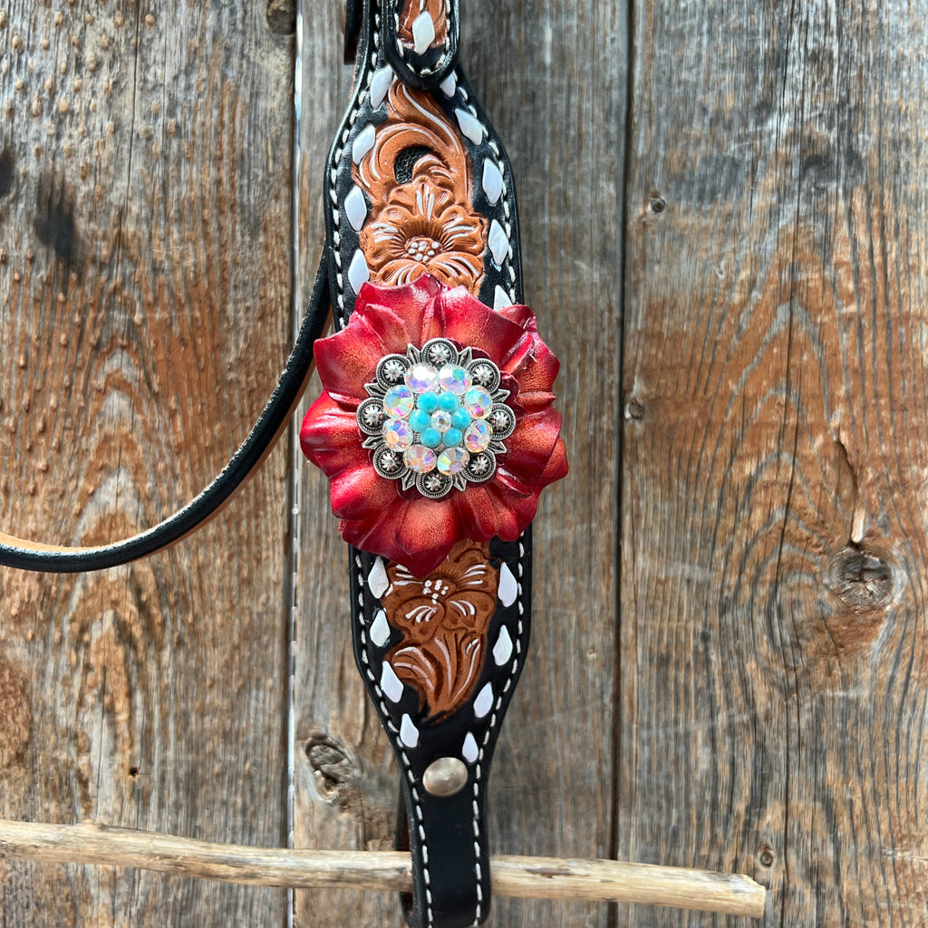 Classic Red and Turquoise Browband / One Ear Tack Set #BBBC436 — view 6