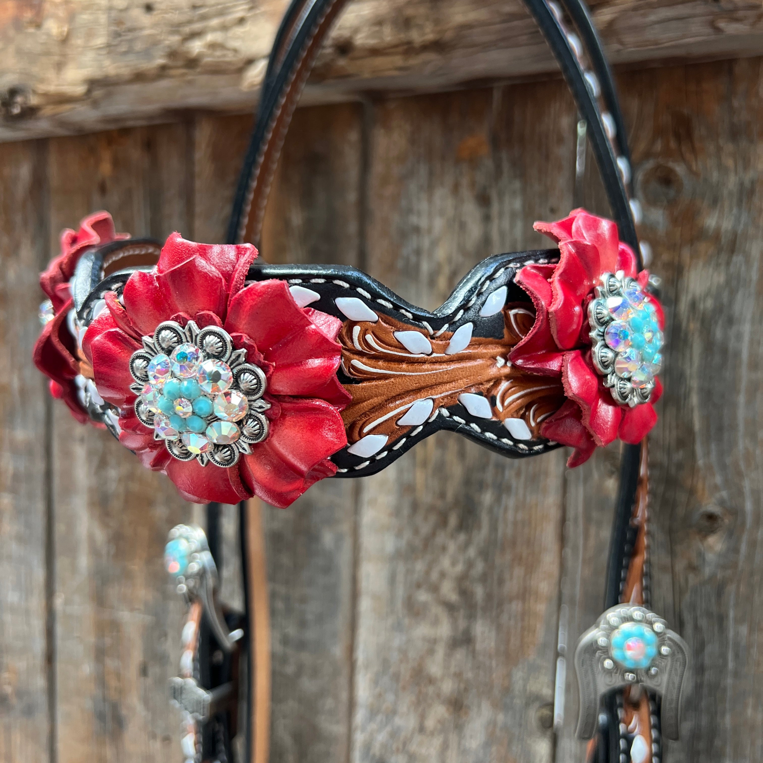 Classic Red and Turquoise Browband / One Ear Tack Set #BBBC436 — view 4