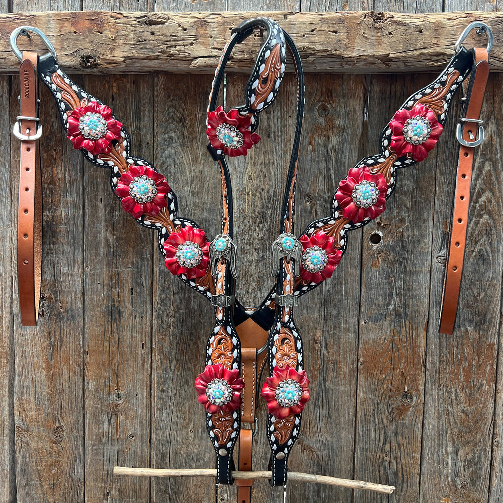 Classic Red and Turquoise Browband / One Ear Tack Set #BBBC436 — view 2