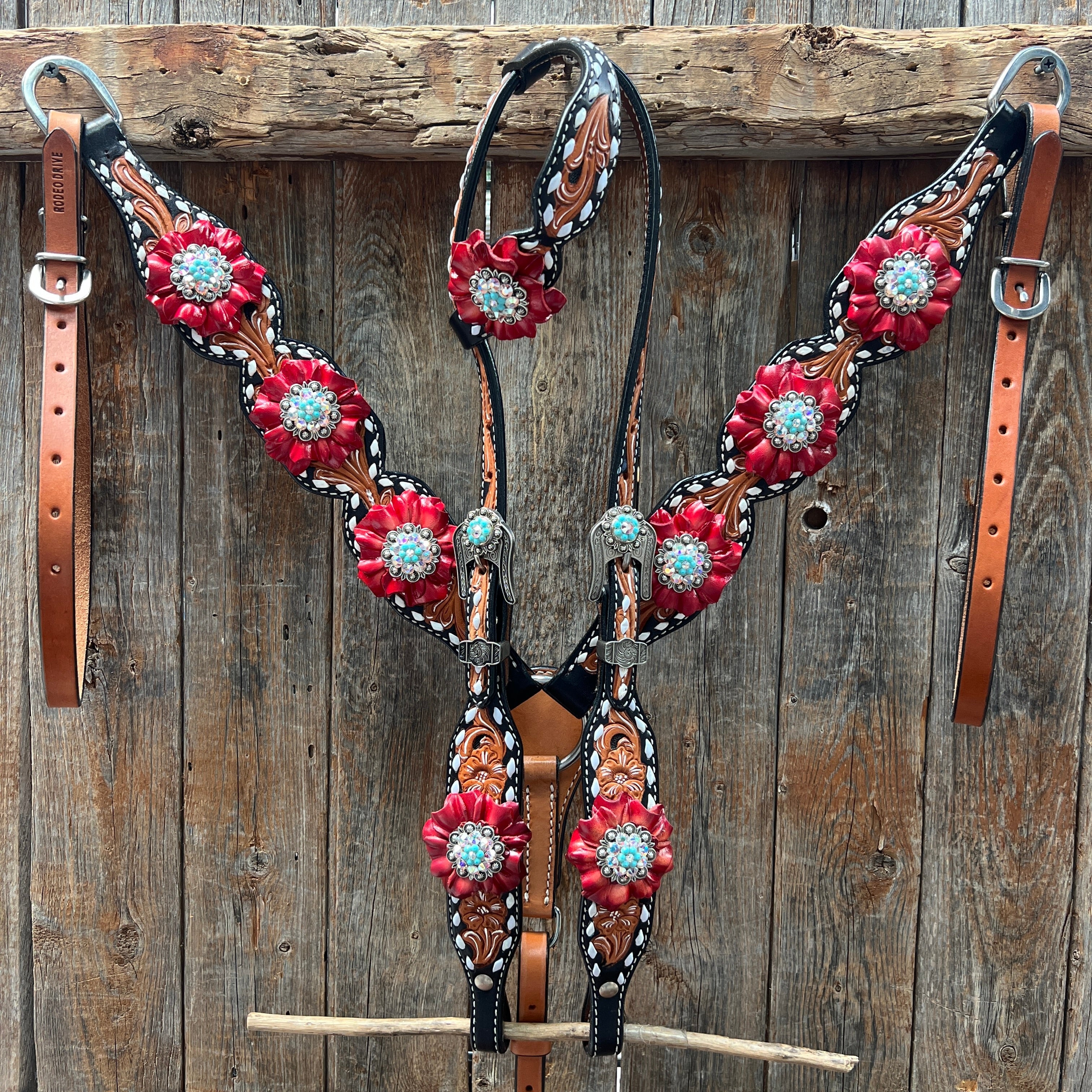 Classic Red and Turquoise Browband / One Ear Tack Set #BBBC436 — view 2