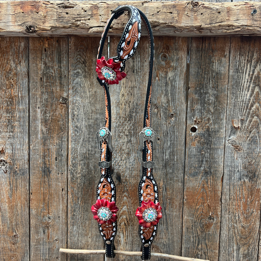 Classic Red and Turquoise Browband / One Ear Tack Set #BBBC436 — view 7
