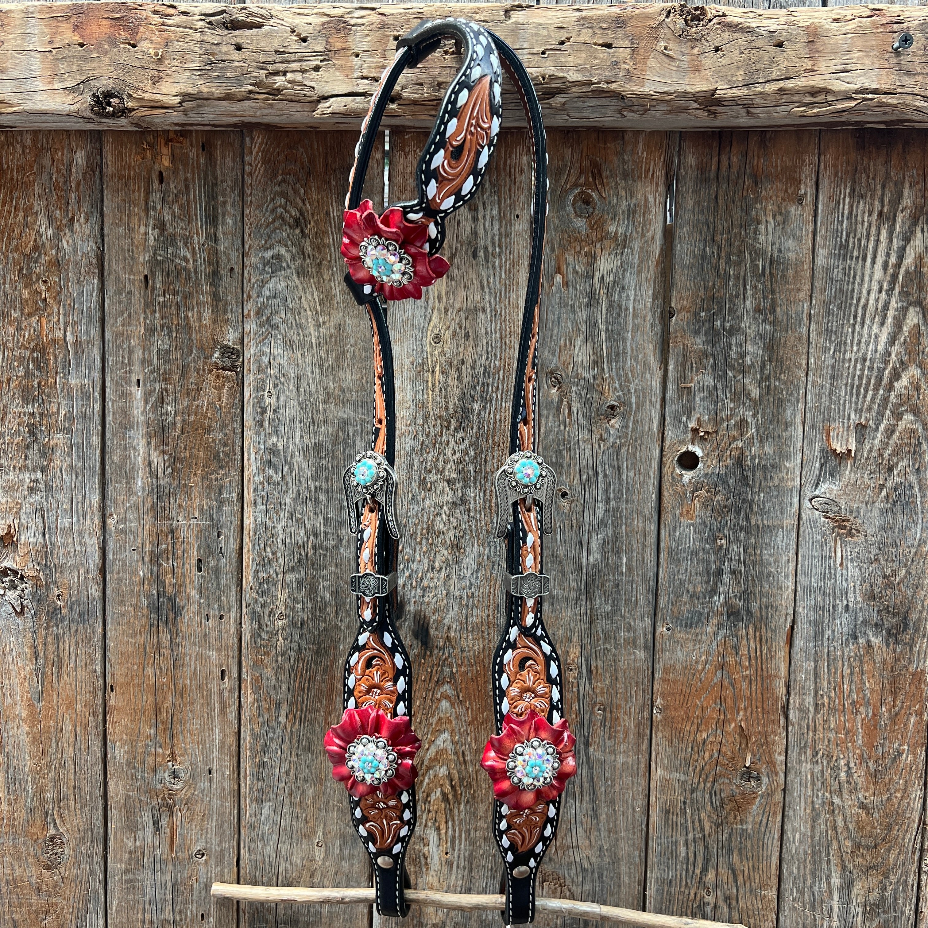 Classic Red and Turquoise Browband / One Ear Tack Set #BBBC436 — view 7