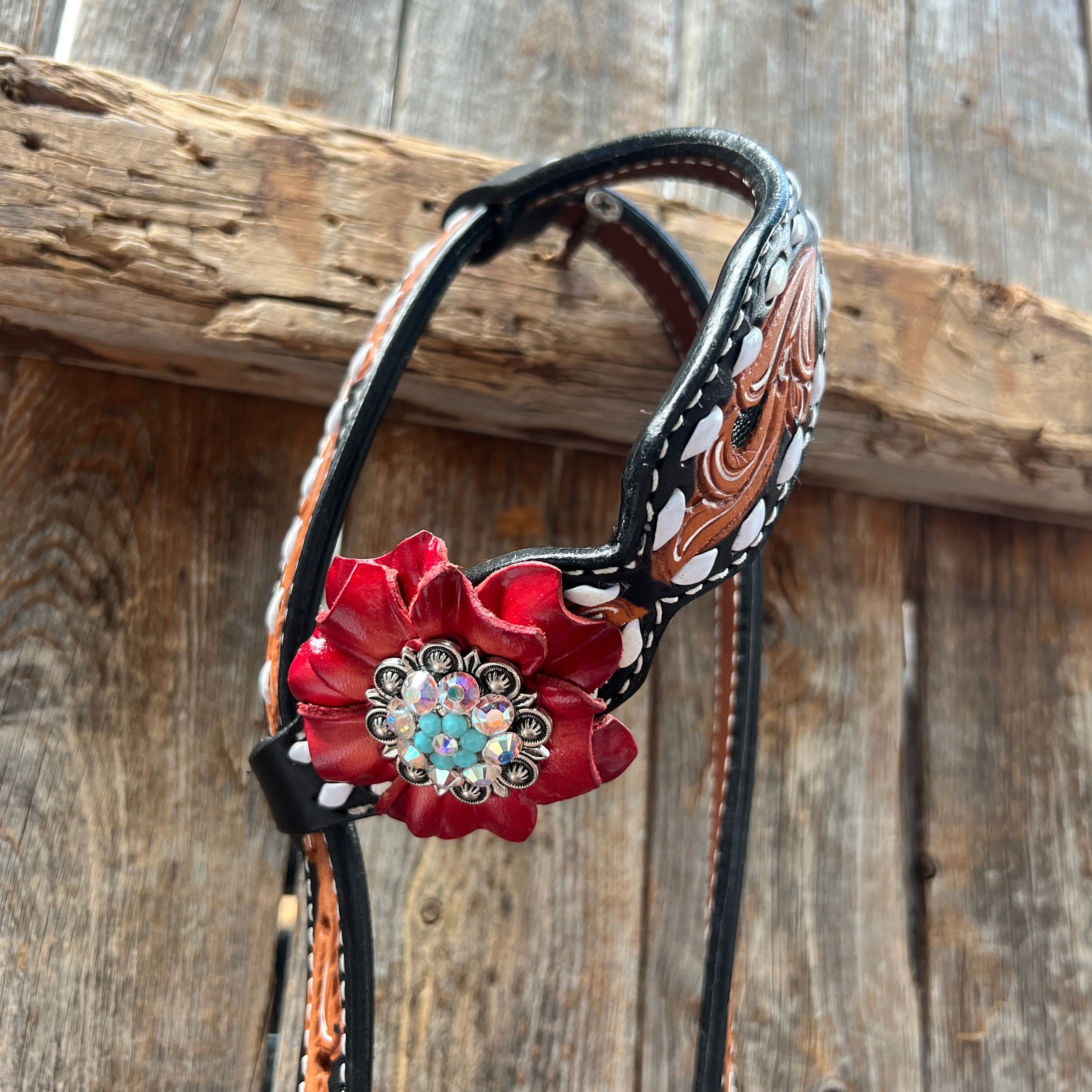Classic Red and Turquoise Browband / One Ear Tack Set #BBBC436 — view 8