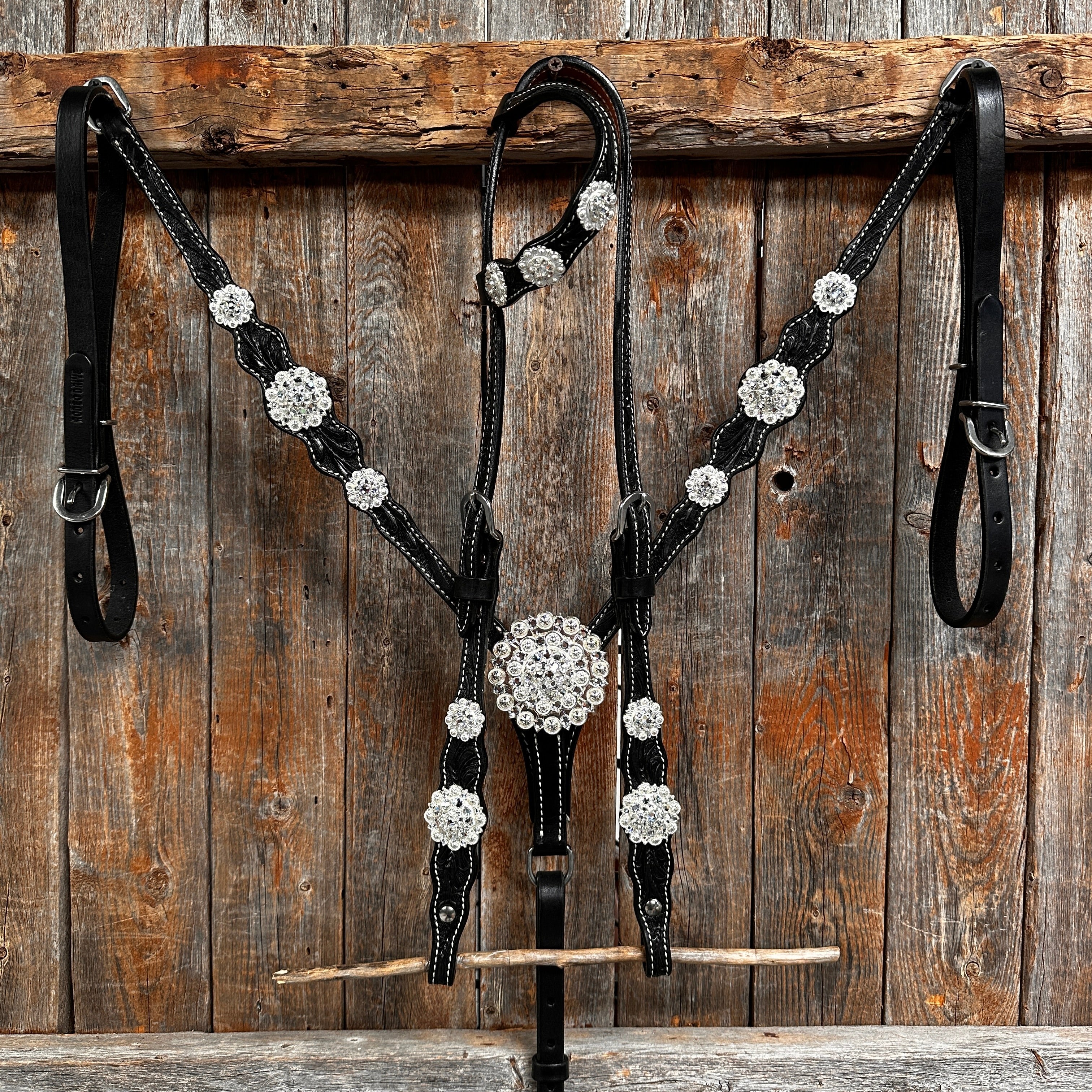 Black Floral Bright Clear Browband / One Ear Tack Set #BBBC599 — view 2