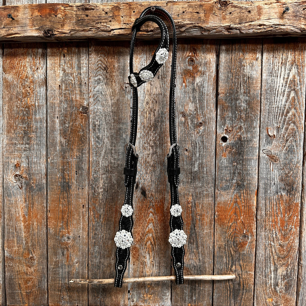 Black Floral Bright Clear Browband / One Ear Tack Set #BBBC599 — view 6