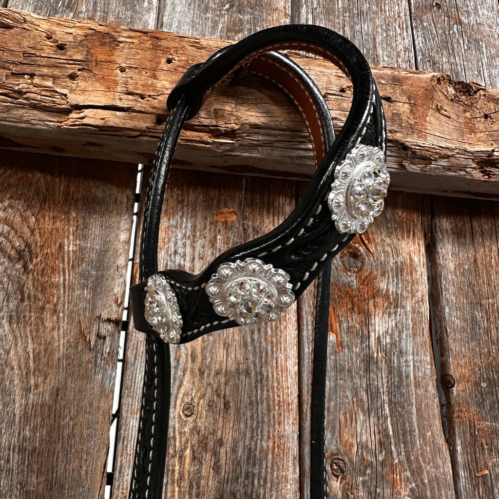 Black Floral Bright Clear Browband / One Ear Tack Set #BBBC599 — view 7