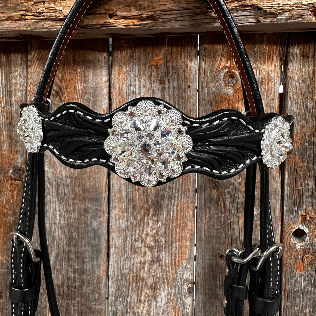 Black Floral Bright Clear Browband / One Ear Tack Set #BBBC599 — view 4