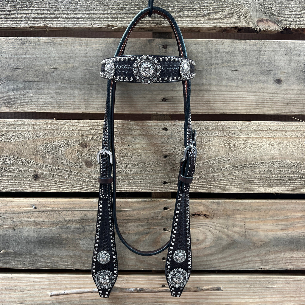 Dark Oil Silver Dot Antique Silver Floral Browband / One Ear Tack Set #BBBC631 — view 3