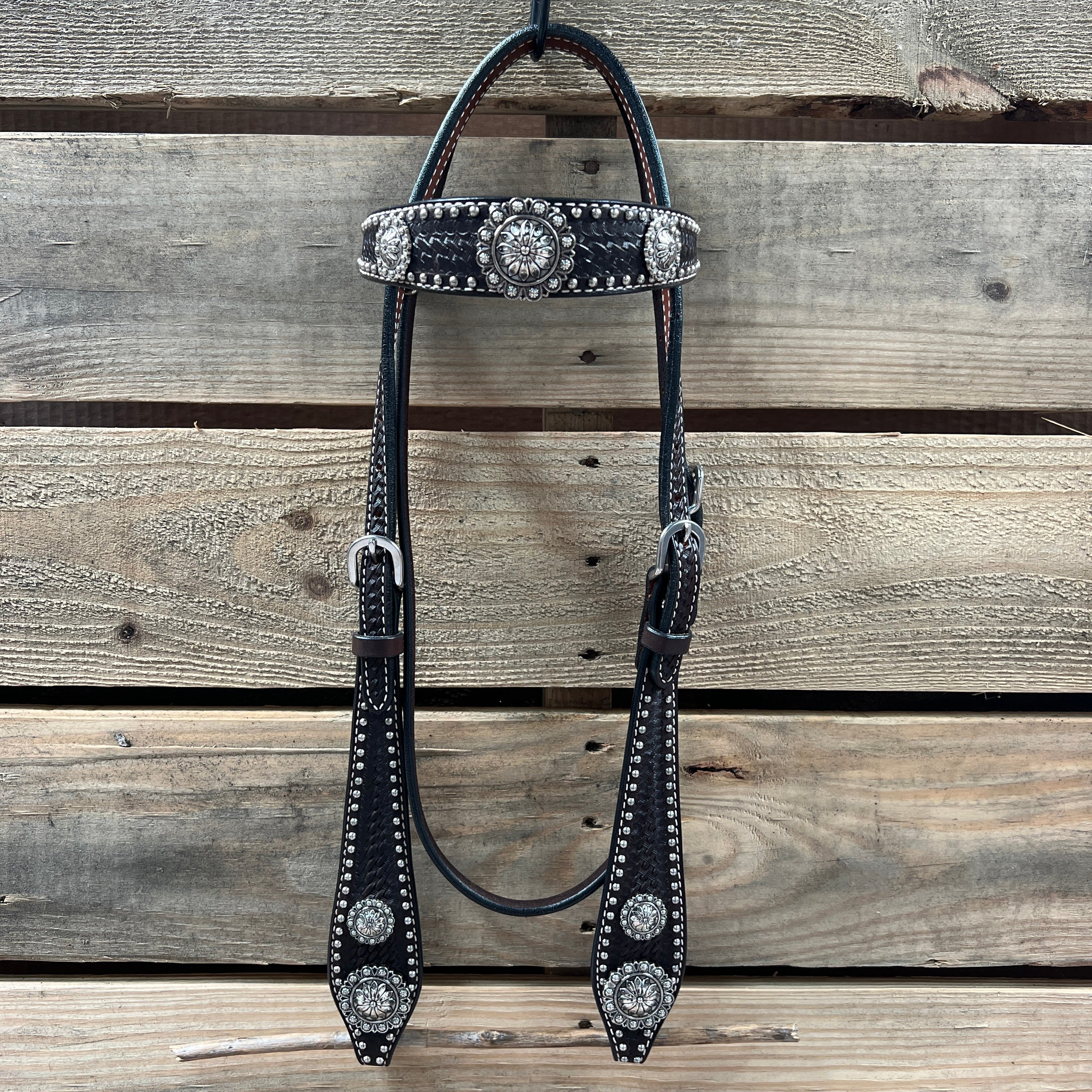 Dark Oil Silver Dot Antique Silver Floral Browband / One Ear Tack Set #BBBC631 — view 3