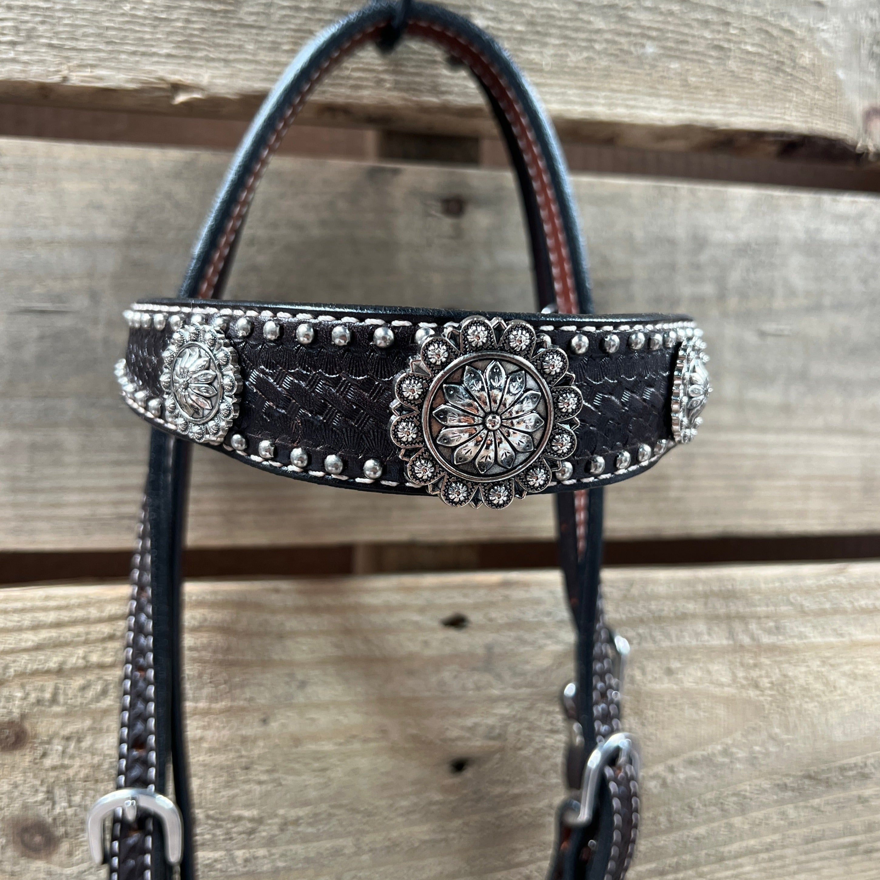 Dark Oil Silver Dot Antique Silver Floral Browband / One Ear Tack Set #BBBC631 — view 4