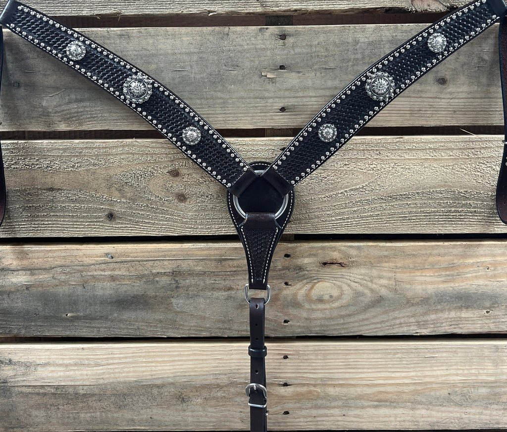 Dark Oil Silver Dot Antique Silver Floral Browband / One Ear Tack Set #BBBC631 — view 8