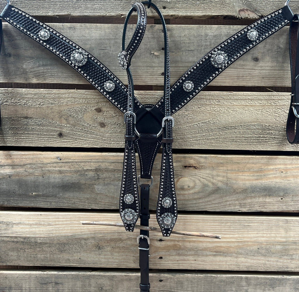 Dark Oil Silver Dot Antique Silver Floral Browband / One Ear Tack Set #BBBC631 — view 2