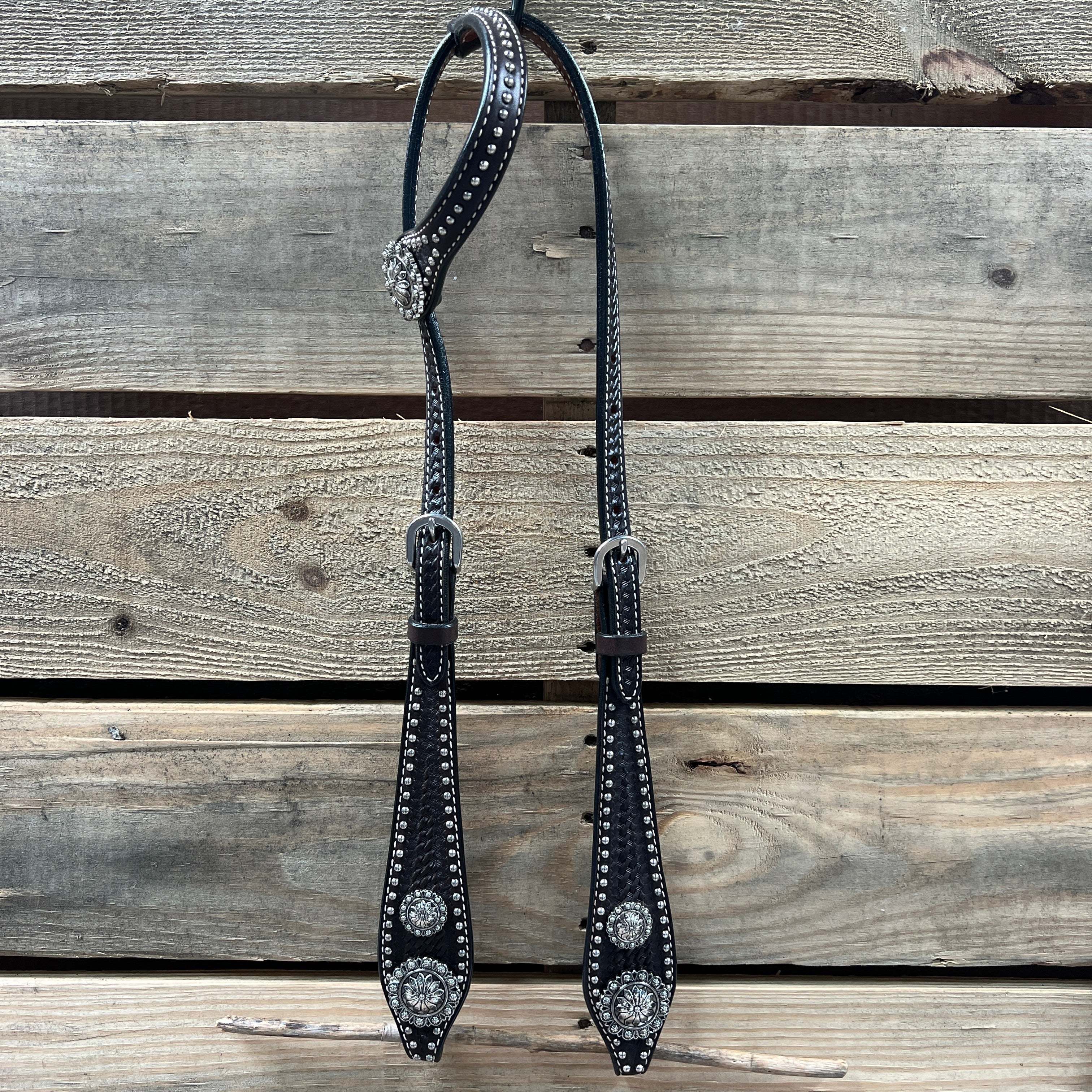 Dark Oil Silver Dot Antique Silver Floral Browband / One Ear Tack Set #BBBC631 — view 6