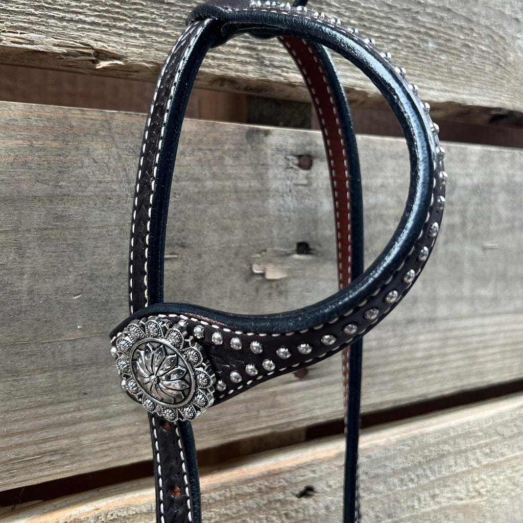 Dark Oil Silver Dot Antique Silver Floral Browband / One Ear Tack Set #BBBC631 — view 7