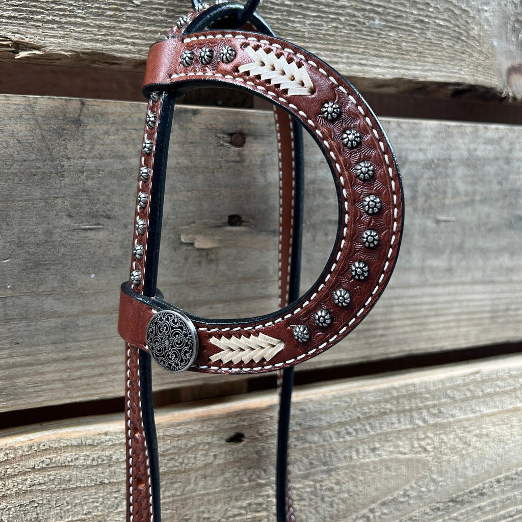 Rawhide Antique Silver Engraved Floral Western Conchos One Ear and Breastcollar Tack Set #OEBC632 — view 4
