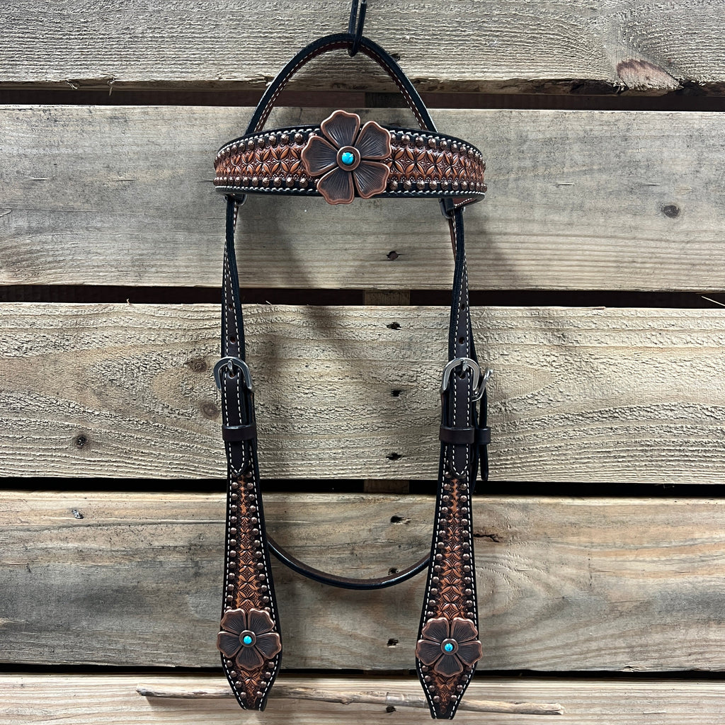 Two Tone Honeycomb Copper Flower Browband/One Ear Headstall & Breastcollar Tack Set #BBBC610 — view 3