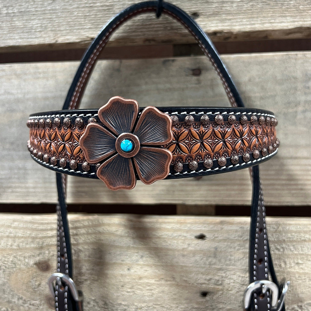 Two Tone Honeycomb Copper Flower Browband/One Ear Headstall & Breastcollar Tack Set #BBBC610 — view 4