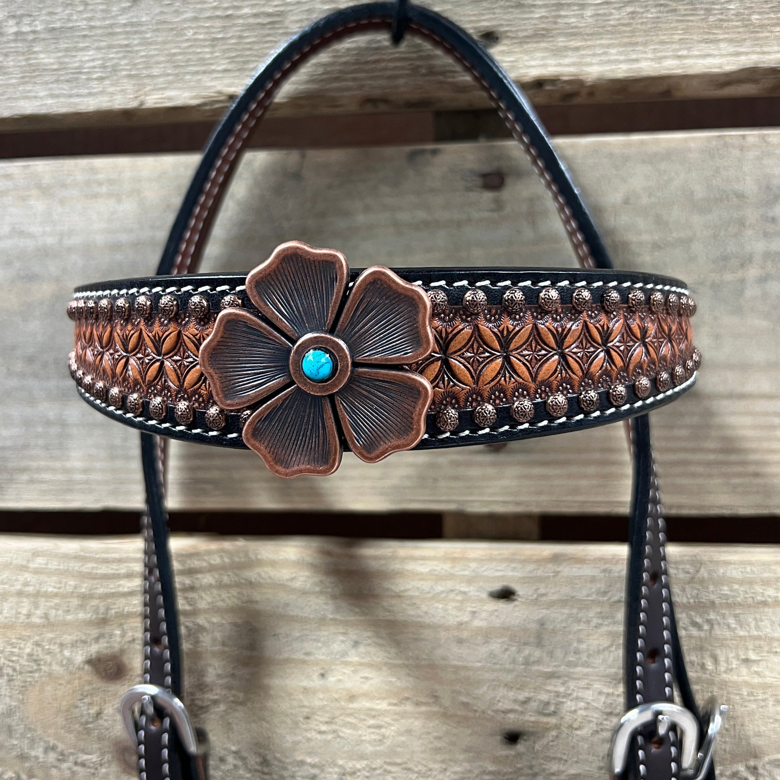 Two Tone Honeycomb Copper Flower Browband/One Ear Headstall & Breastcollar Tack Set #BBBC610 — view 4
