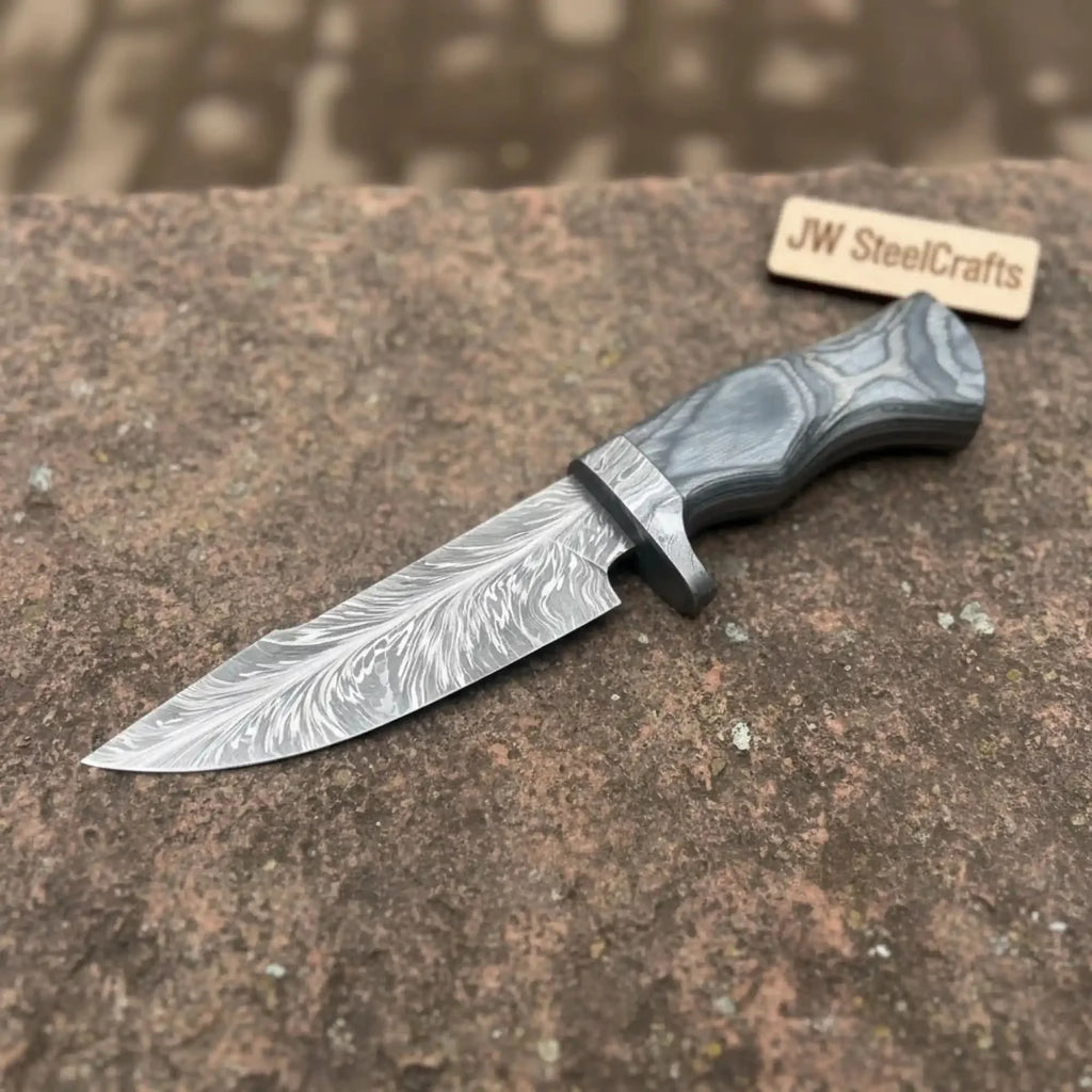Bobcat Style Drop Point Hunting Knife Feather Damascus Blade Gray Pakka Wood Handle EDC Fixed Blade